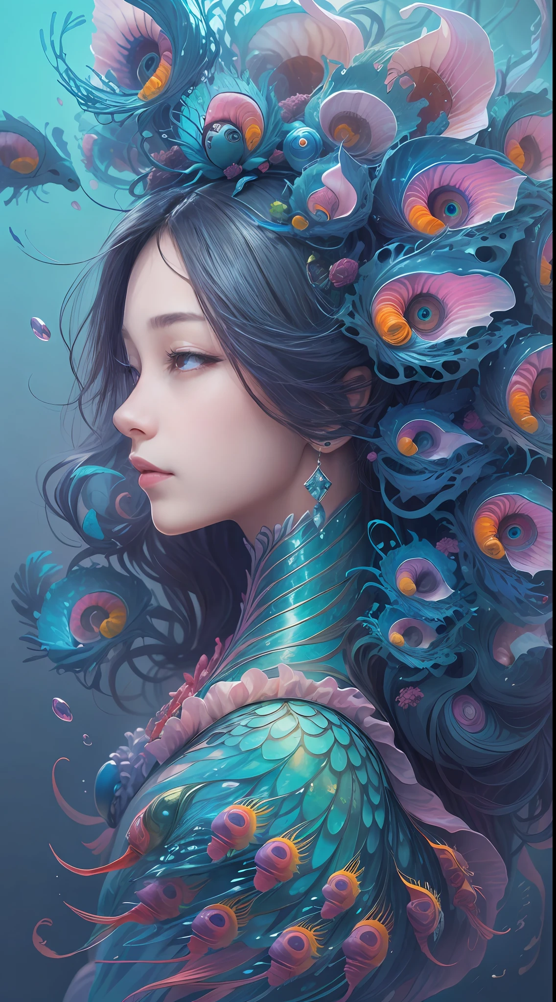 best qualtiy，tmasterpiece，超高分辨率，（photograph realistic：1.4），ultra-realistic realism，Dream-like，The beautiful blue-skinned goddess wears a phoenix peacock on her head, Nautilus, a betta fish，The creation of fantasy，Brain conch，Dream Conch，Biopunk Nautilus，Thrilling color scheme， ultra-realistic realism， abstracted， psychedelia,
