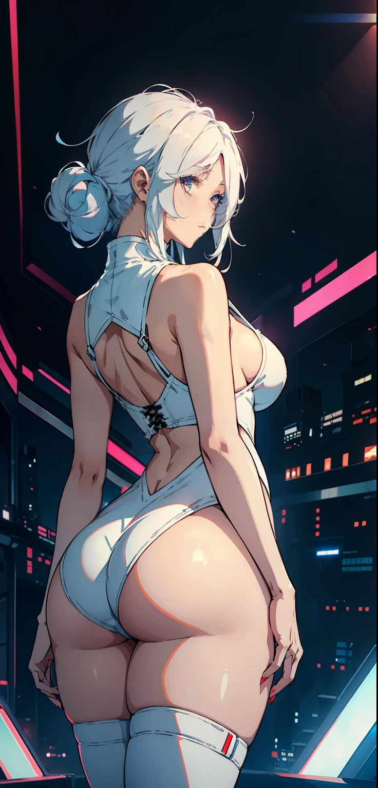 1 Girl, not showing face, from the back, big white hair, blue locks of hair, sexy anime white rabbit outfit, big chest, thick legs, thick thighs, big ass, standing, background scenery, in a nightclub, colored lights , ambient detail, ultra-detailed