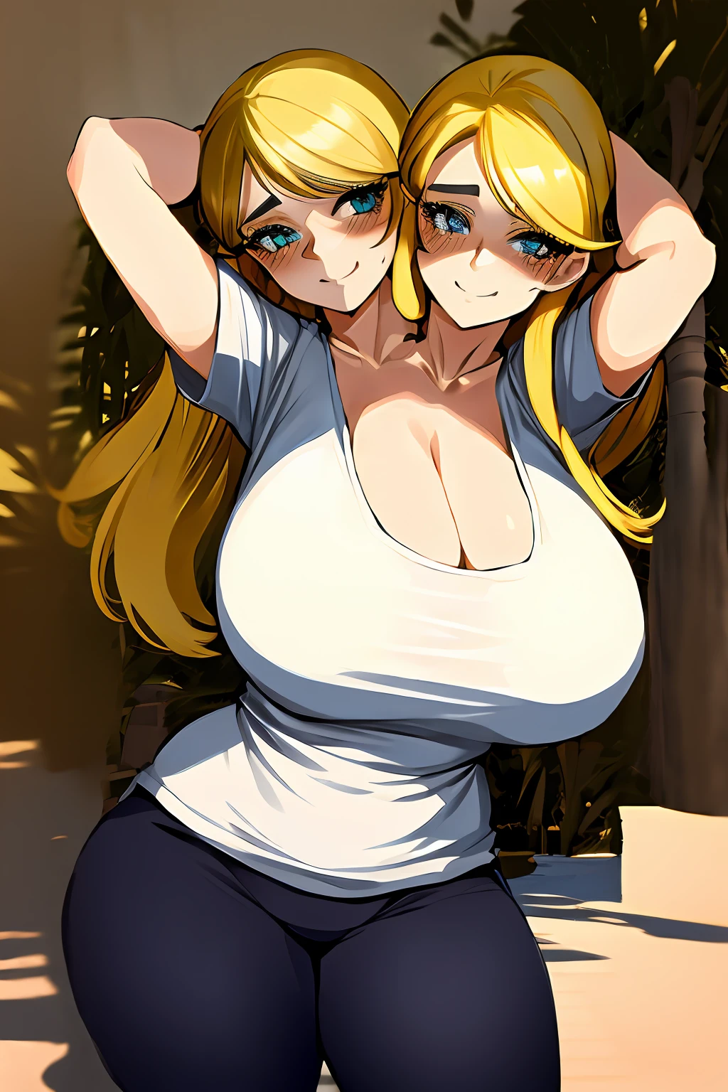 2heads, a short chubby woman with 2 heads. She has 4 enormous breasts. She is inside a living room. She is wearing a tight colorful tank top and leggings. She has gigantic breasts. She has long blonde hair. She is sweating. She looks exhausted. She is smiling. She is blushing. She has enormous breasts. Her breasts are very circular and round. She has an extra pair of breasts beneath her breasts, 4 breasts total.