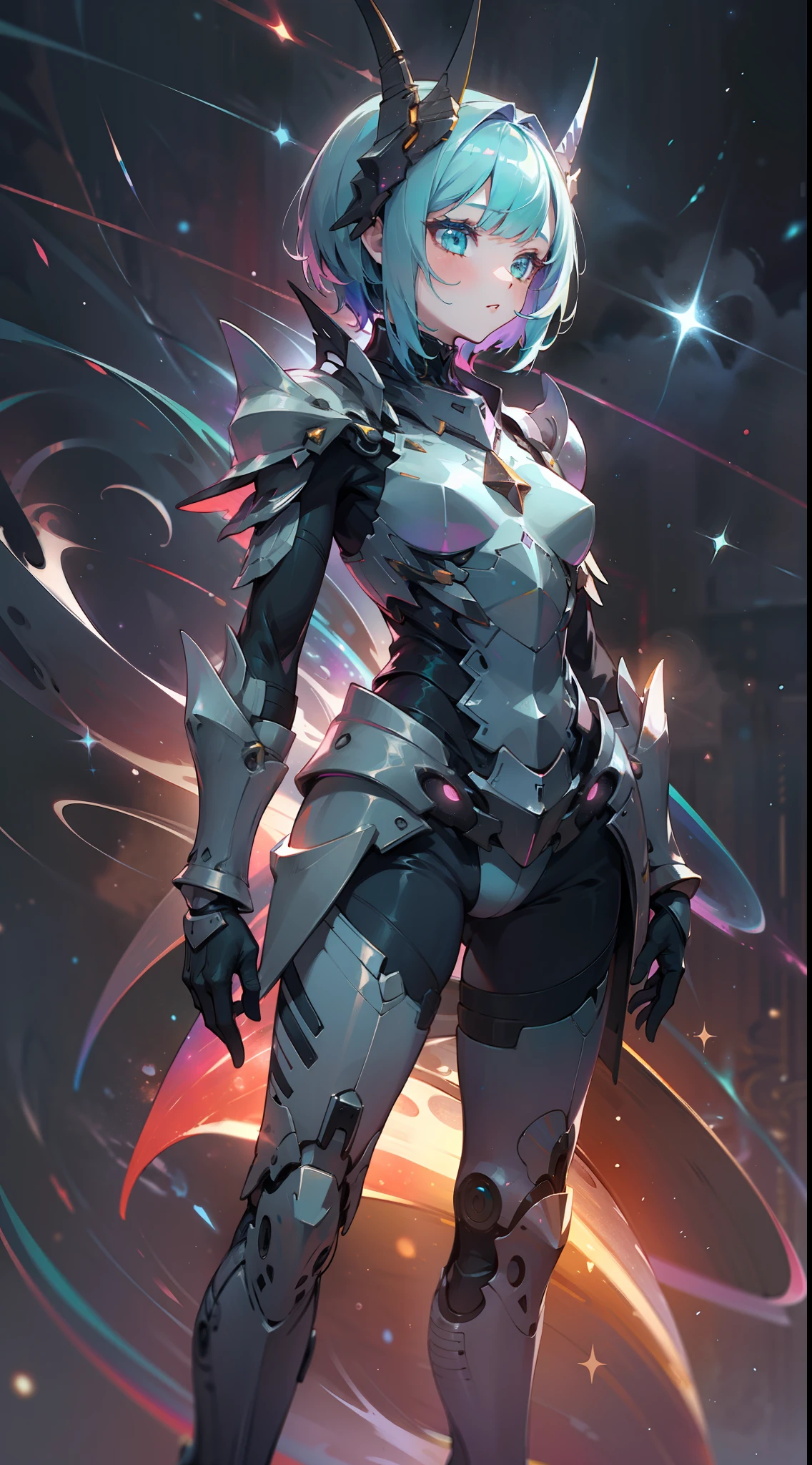 a girl, wildly rainbow colored short hair, dark fantasy, teal colored armor, standing, cosmic nebula background, stars, galaxies