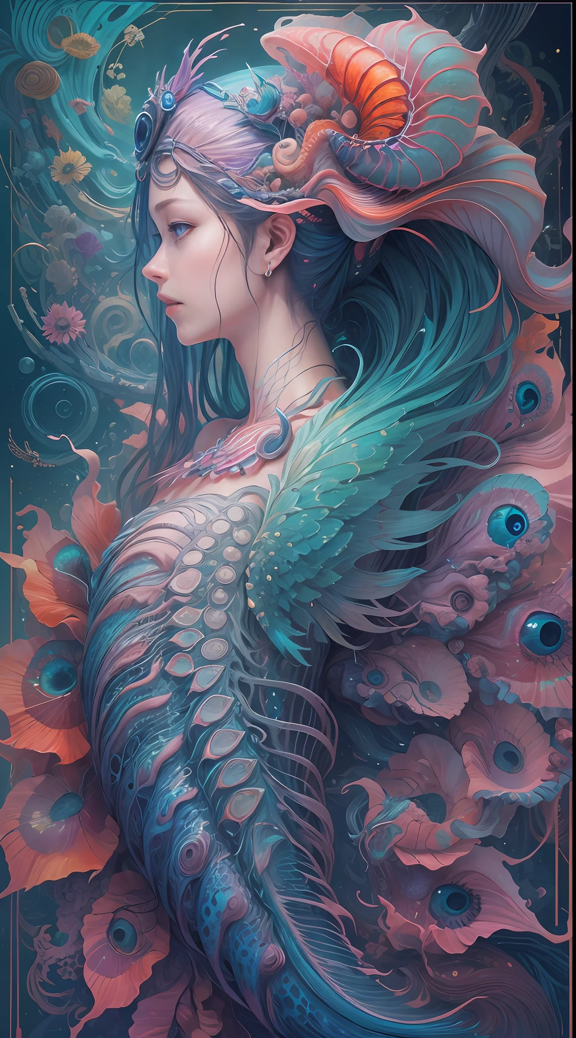 best qualtiy,tmasterpiece,超高分辨率,(photograph realistic:1.4),ultra-realistic realism,Dream-like,The beautiful blue-skinned goddess wears a phoenix peacock on her head, Nautilus, a betta fish,The creation of fantasy,Brain conch,Dream Conch,Biopunk Nautilus,Thrilling color scheme, ultra-realistic realism, abstracted, psychedelia,