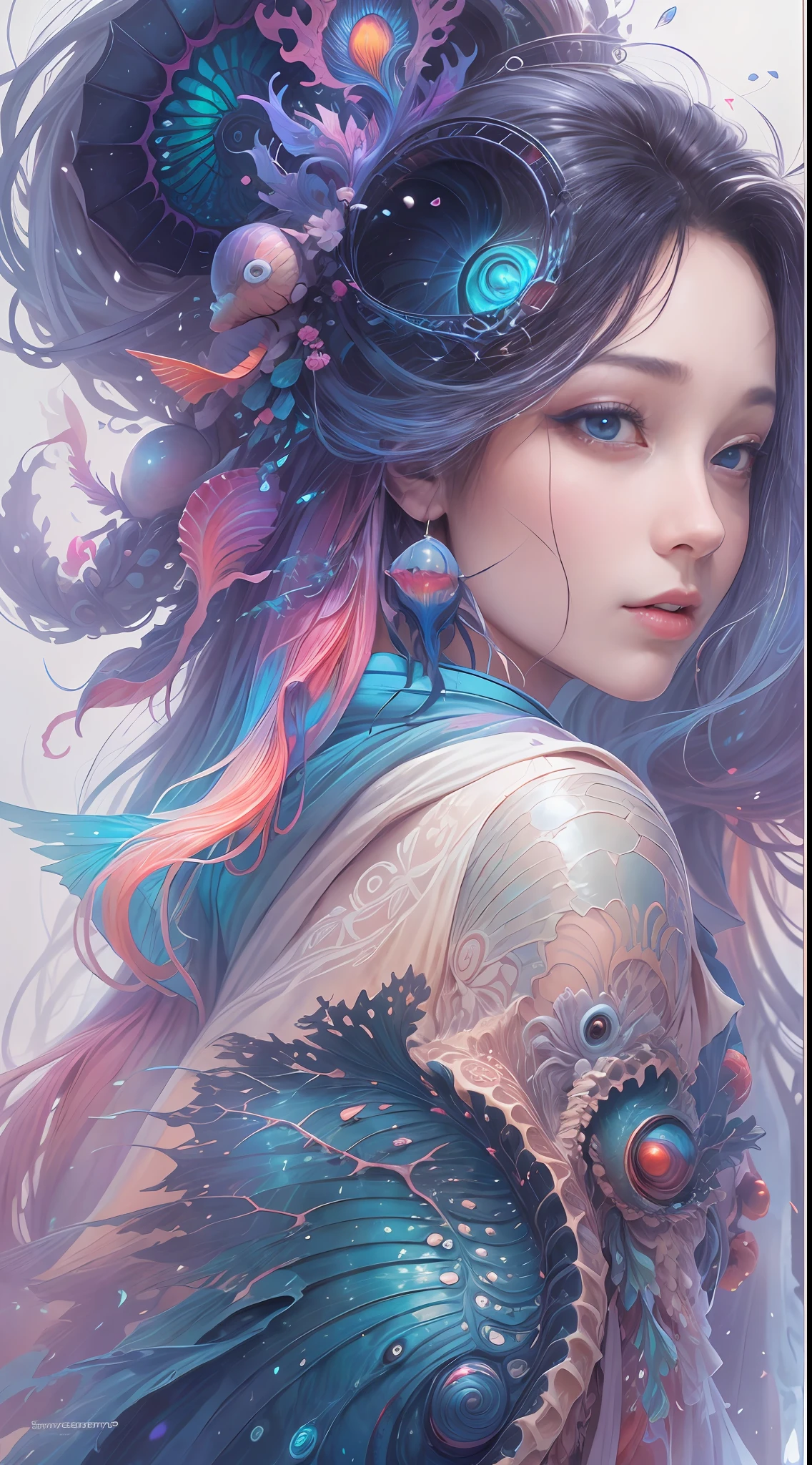 best qualtiy，tmasterpiece，超高分辨率，（photograph realistic：1.4），ultra-realistic realism，Dream-like，The beautiful blue-skinned goddess wears a phoenix peacock on her head, Nautilus, a betta fish，The creation of fantasy，Brain conch，Dream Conch，Biopunk Nautilus，Thrilling color scheme， ultra-realistic realism， abstracted， psychedelia,