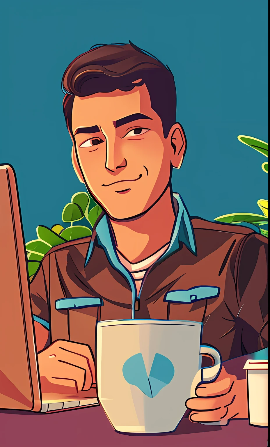 Cartoon about a man, sitting at a desk with a laptop and a coffee cup, professional illustration, detailed 2d illustration, 2d illustration, 2 d illustration, professional illustration, Rotoscope, Illustration by Wikihow, Digital 2D illustration, NFT Portrait, 2. 5 d illustration, shaded flat illustration, cartoon art style, digital character illustration