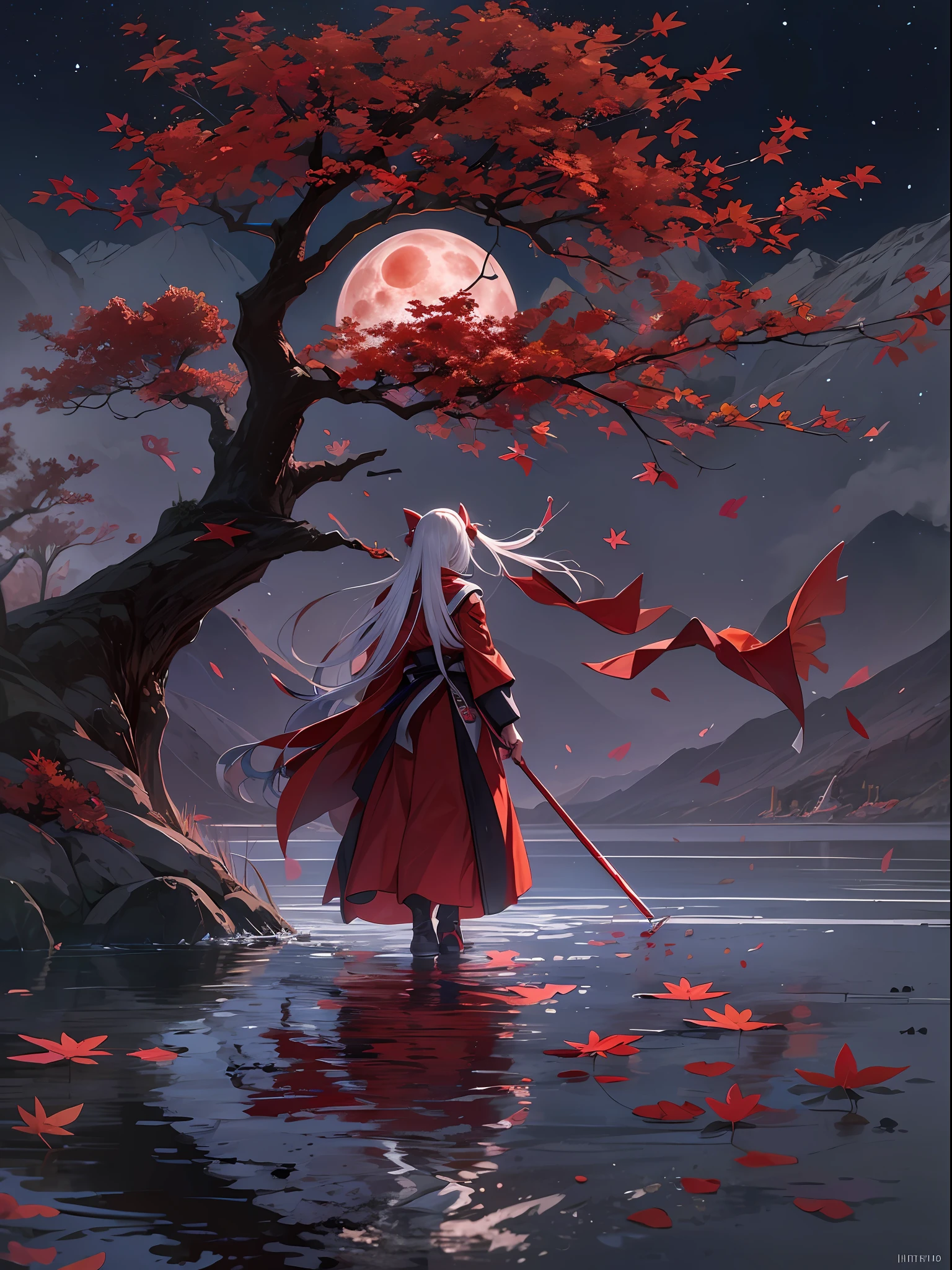 a beautiful and cute female walks beside the lake in the mountain, the surface of the lake show that the female's two charactor's sides, above the lake is her light and kind side, below the lake is her dark and haemophius side, she is a female ninja, a blood moon on the sky, blood filled under the lake, wonderful lake and awesome blood field, maple leaves,