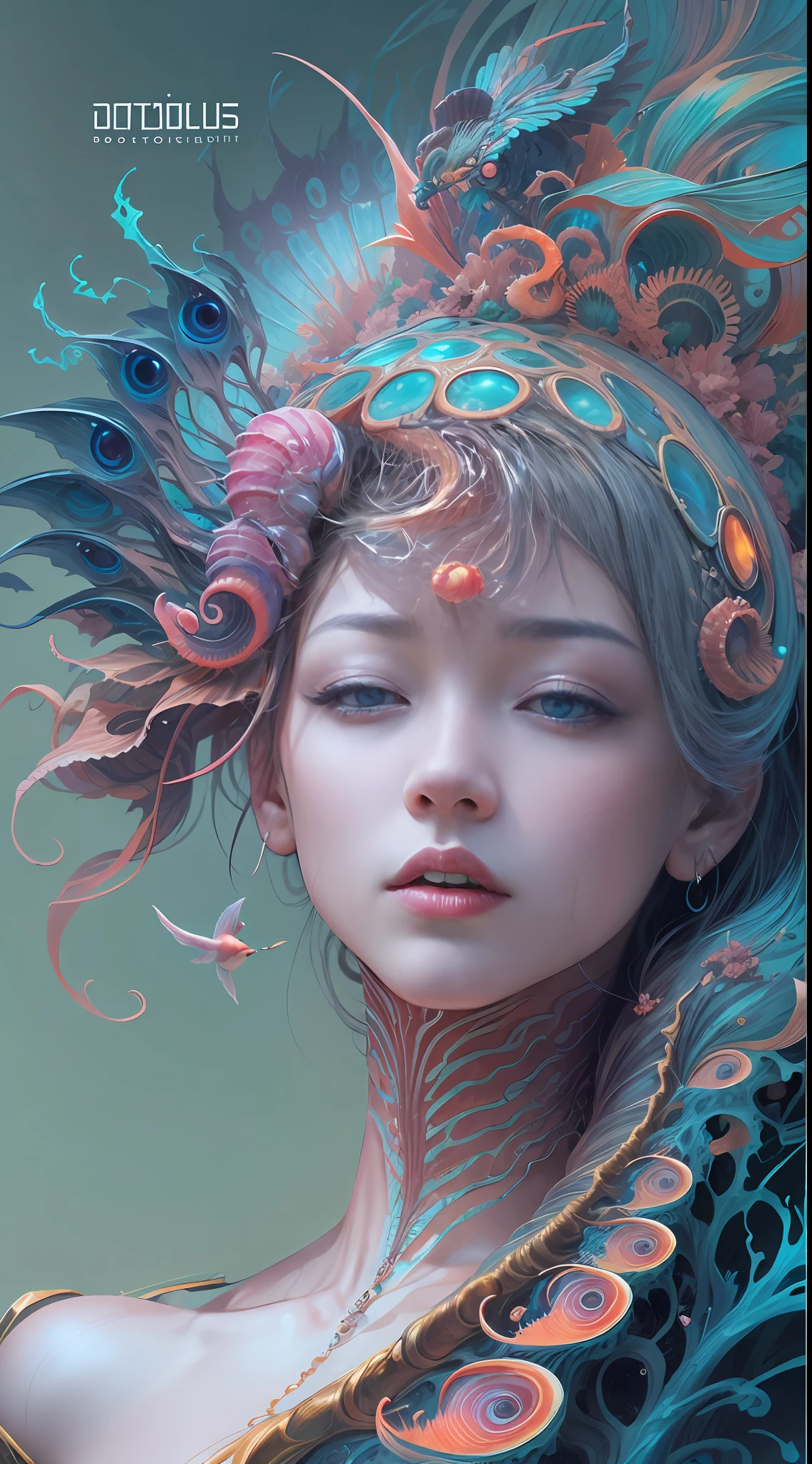 best qualtiy，tmasterpiece，超高分辨率，（photograph realistic：1.4），ultra-realistic realism，Dream-like，The beautiful blue-skinned goddess wears a phoenix peacock on her head, Nautilus, a betta fish，The creation of fantasy，Brain conch，Dream Conch，Biopunk Nautilus，Thrilling color scheme， ultra-realistic realism， abstracted， psychedelia,