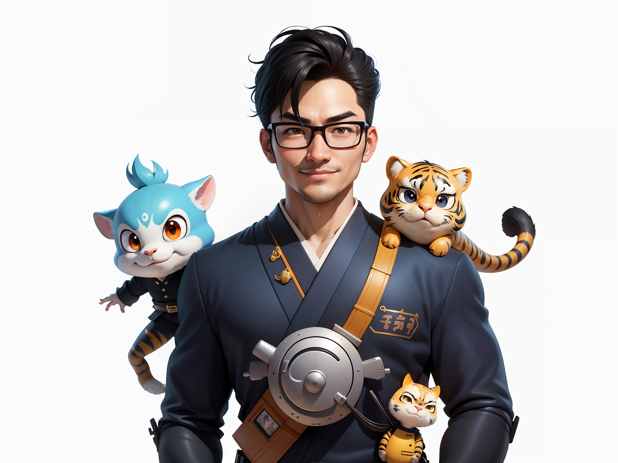 (Masterpiece), (Excellent), (Super Meticulous), (Full Body: 1.2), Super Young Man with Japanese Female Geisha, Pretty, Beautiful, Chinese Dragon, Tiger, Wind God Thor, Sexy, Bursting, Oriental Face, TV Anchor, Bust Portrait Illustration, Black Suit, Blue Tie, Slightly Chubby Face, Silver Glasses, Very Clean Face, No Beard on Chin, Black Super Short Hair, Black Eyes, Confident Smile, 3c Computer Sub-Products, iPad, iPhone, Digital Painting, 3D character design by Mark Clairedon and Pixar and Hayao Miyazaki and Akira Toriyama, the illustrations are HD illustrations in 4K resolution with highly detailed facial features and cartoon-style visuals.