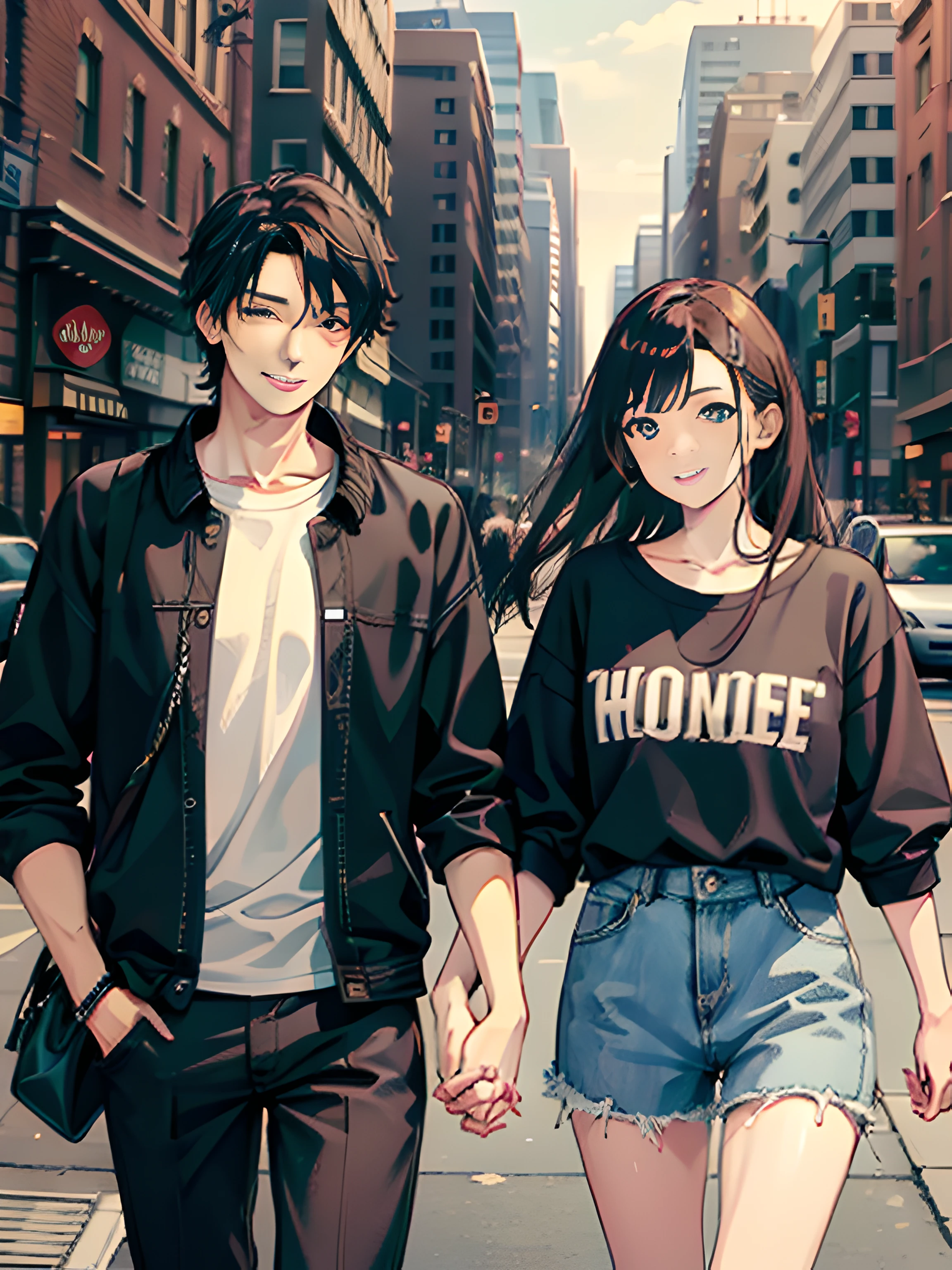 masterpiece, best quality, 2others, couple, 1man with 1woman, mature, adult, Height difference, different fashion, different color, finely detailed eyes and detailed face, intricate details, casual clothes, oversized shirt, modern urban street, holding hands, smile, happy, love