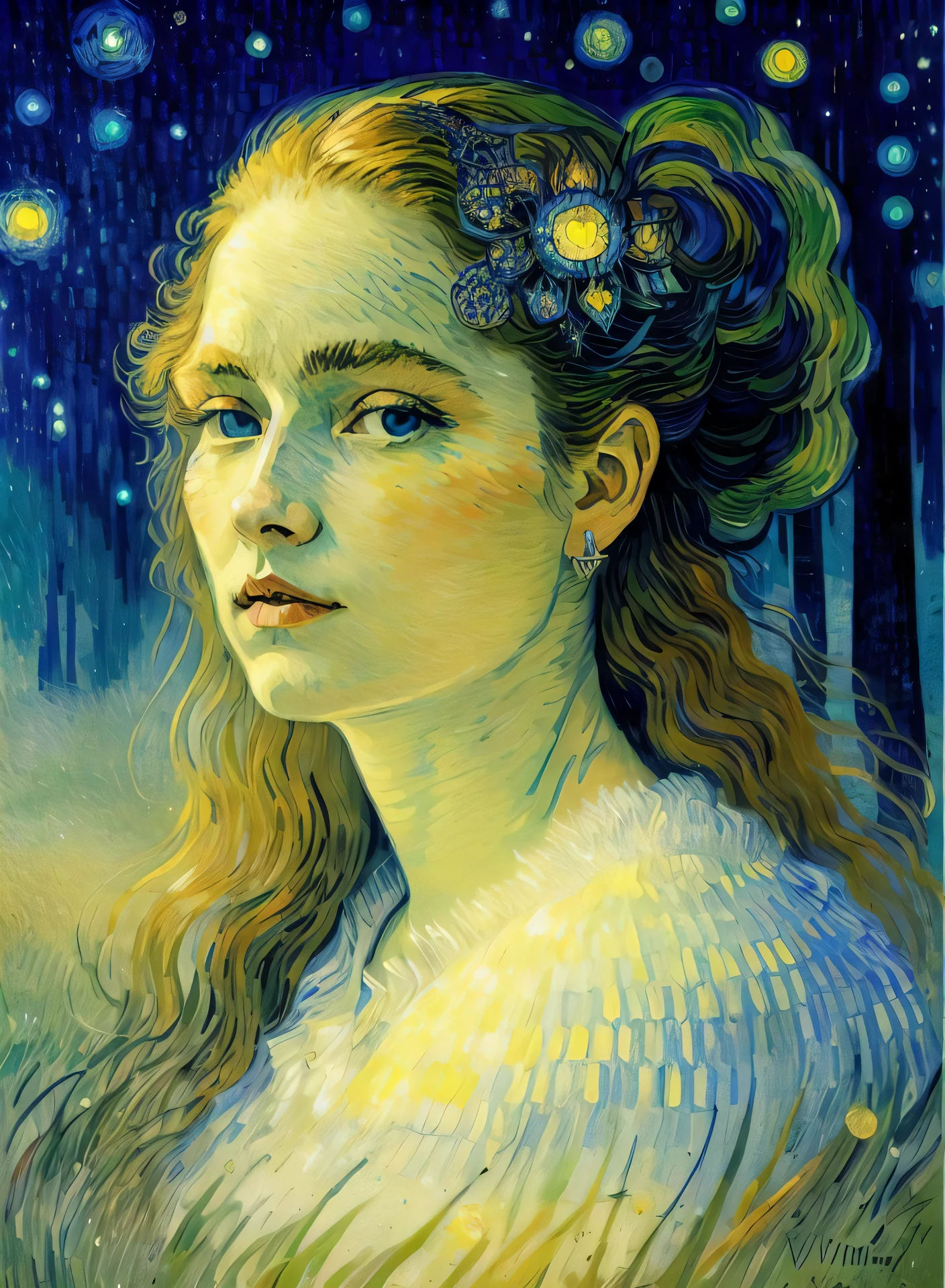 close up portrait, a female traveller in the wilds of eldraine, vincent van gogh, andy kehoe , intricate detail, symmetry, in a beautiful dream, alfred sisley , oil painting, fairy tale theme, she is confident, radiant vista, plains backdrop during winter, concept art,