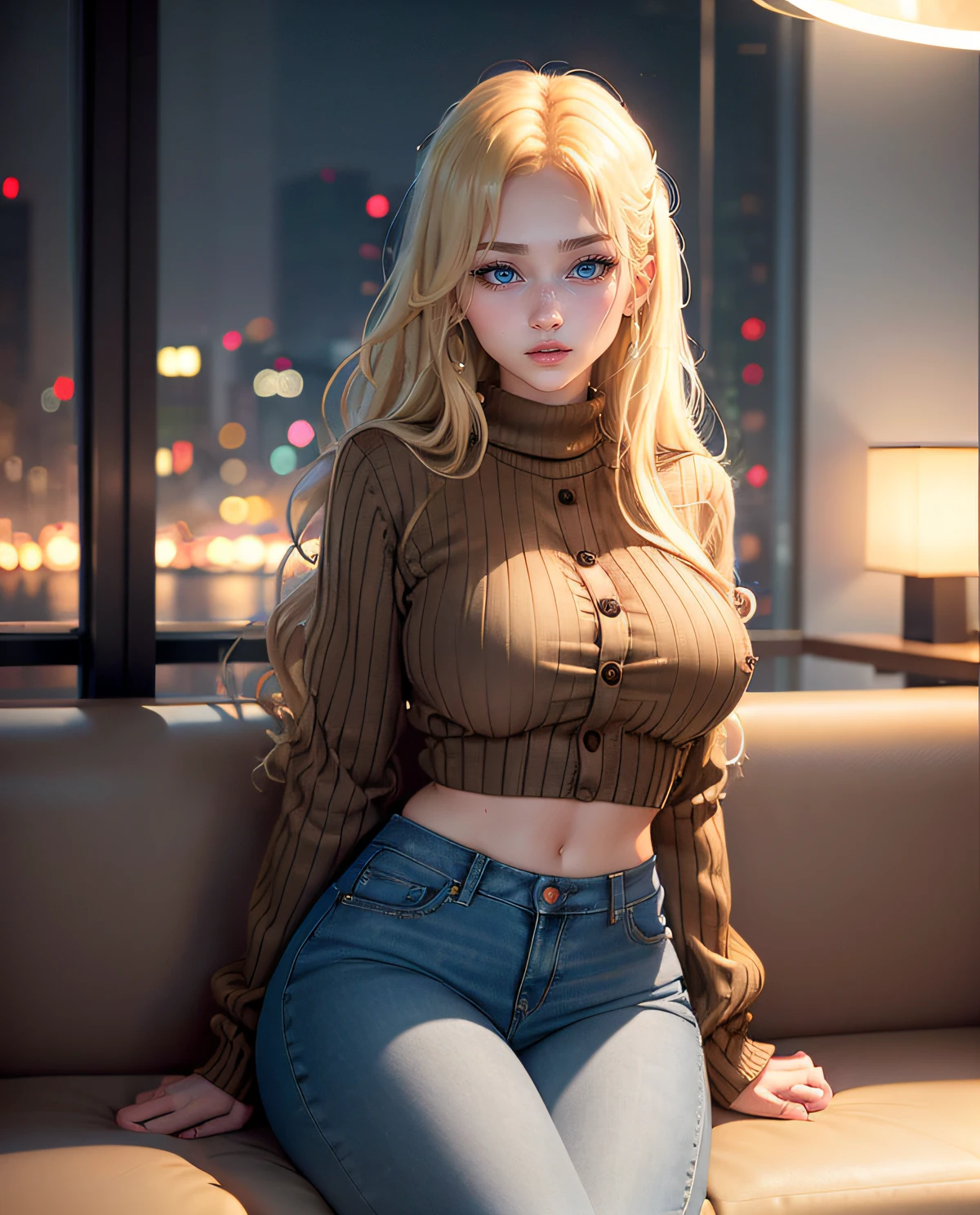 1girl, (Blue Eyes), Seductive Face, ((Sana Minatozaki)), Wide Hips, Big Breasts, Big Butt, (Best Quality, 8k, Masterpiece: 1.3)), Clear Focus: 1.2, Perfect Body Beauty: 1.4, Slender abs: 1.2, Wet body: 1.5, Highly detailed face and skin texture, detailed eyes, double eyelids ((long blonde hair)), long legs, (jeans), (brown_oversized sweater), (button sweater) , sitting in a restaurant in tokyo, night city background