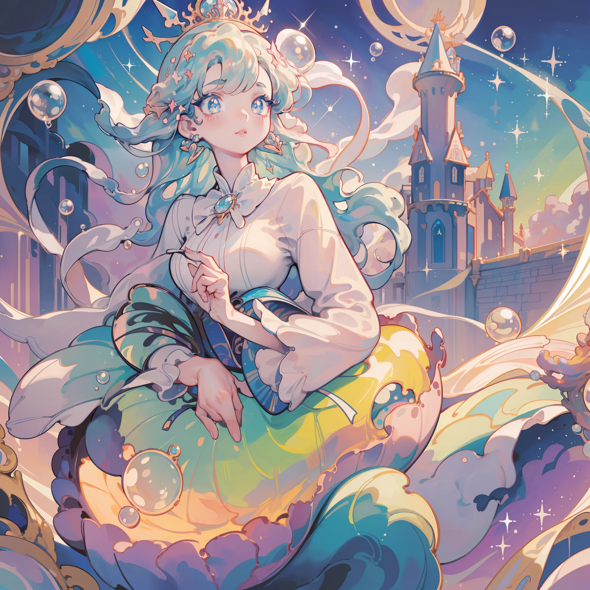 masterpiece, best quality, 8k resolution, sharp focus, intricate detail, beautiful girl, sparkling eyes, golden ratio face, otherworldly liquid, watercolor, pastel colors, bright colors, whimsical, colorful, sharp focus, high resolution, fine detail, princess fantasy flowing ballgown, ((round eyes)), iridescent bubbles, castle landscape in background