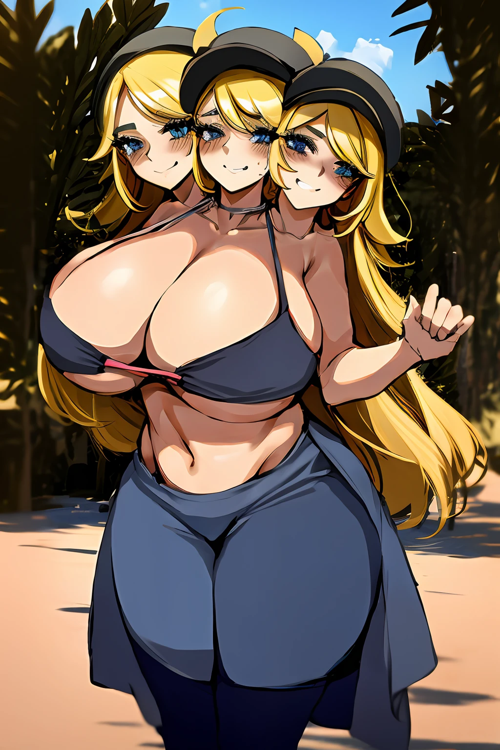 2heads, a short chubby woman with 2 heads. She has enormous breasts. She is outside in a park. She is wearing a tight colorful bikini top and leggings. She is wearing a hat. She has gigantic breasts. She has long blonde hair. She is sweating. She looks exhausted. She is smiling. She is blushing. She has enormous breasts. Her breasts are very circular and round.