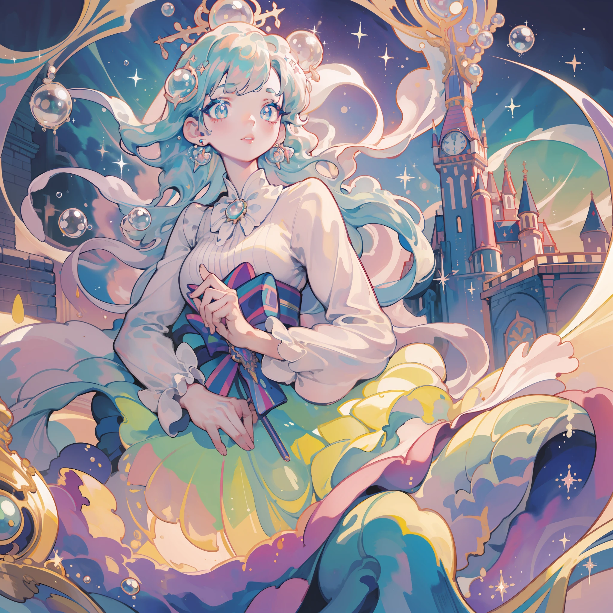 masterpiece, best quality, 8k resolution, sharp focus, intricate detail, beautiful girl, sparkling eyes, golden ratio face, otherworldly liquid, watercolor, pastel colors, bright colors, whimsical, colorful, sharp focus, high resolution, fine detail, princess fantasy flowing ballgown, ((round eyes)), iridescent bubbles, castle landscape in background