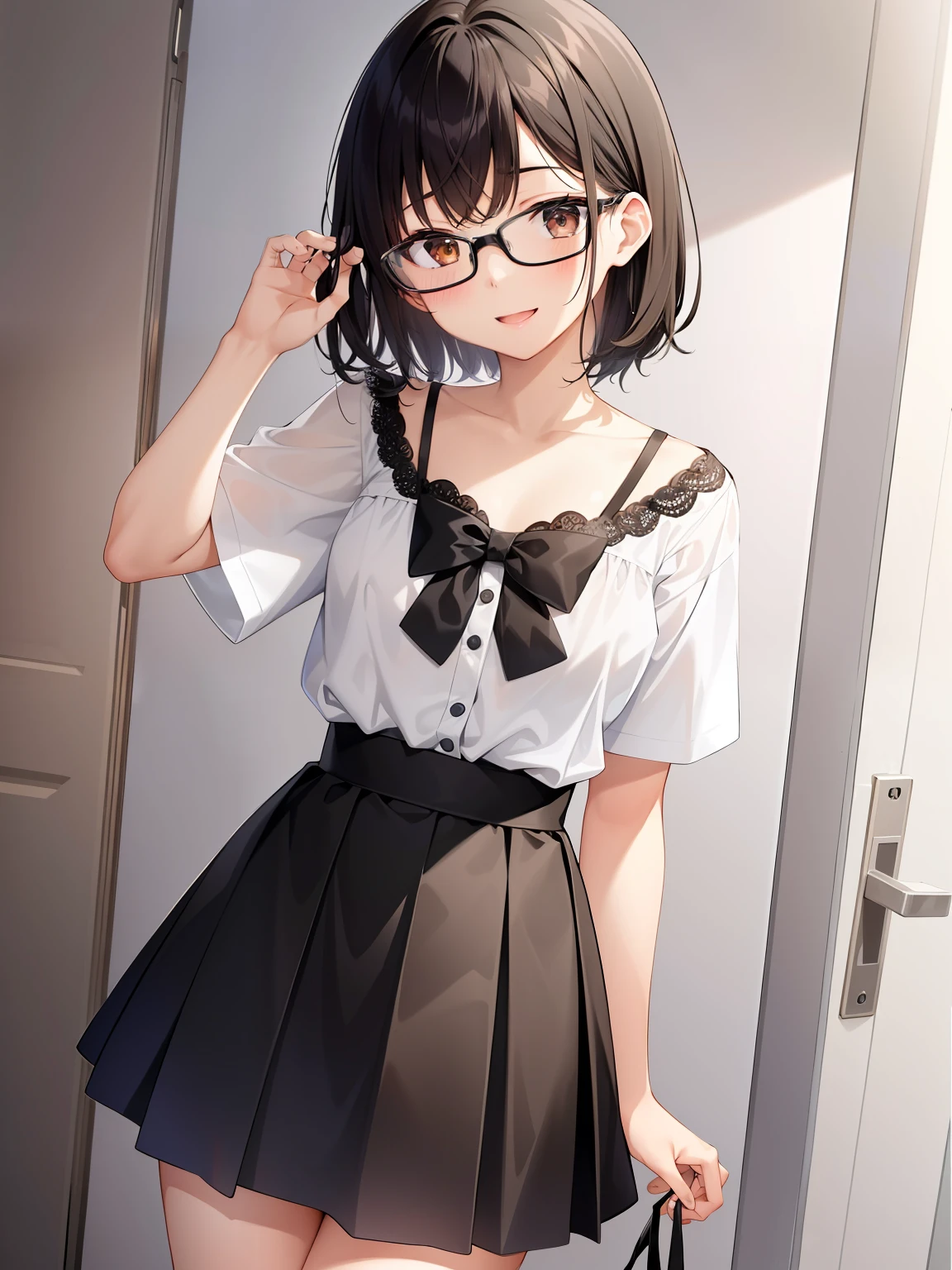 (girl with、独奏、a junior high school student、A dark-haired、short-hair、straight haired、hair adornments、Light brown eyes、A smile、wearing black glasses、small tits、cute face)、masterpiece、best qualtiy、ultra-detailliert、illustratio、White blouse with lace、see -through、a miniskirt、FULL BODYSHOT