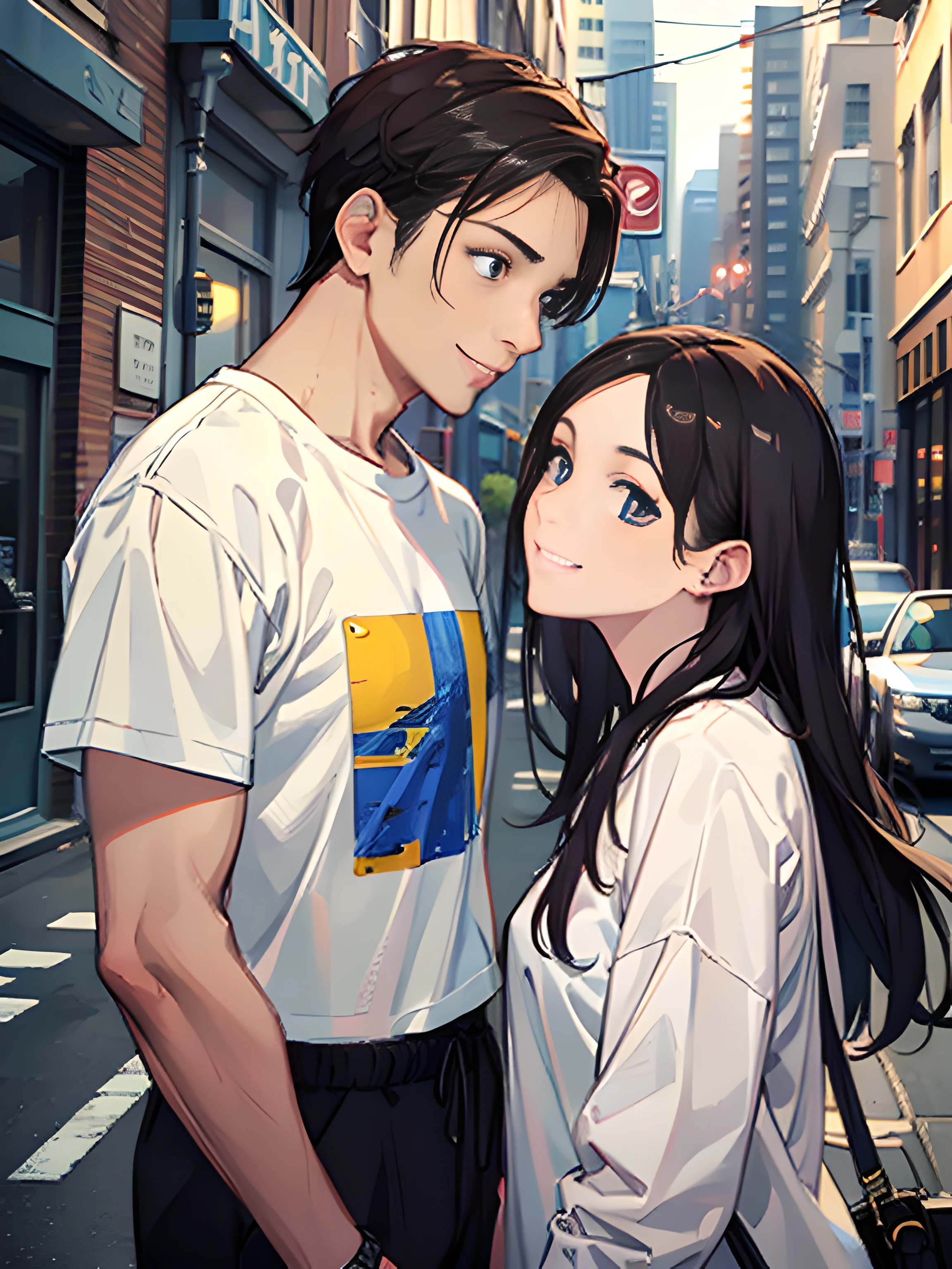 masterpiece, best quality, 2others, couple, 1man with 1woman, mature, adult, Height difference, different fashion, different color, finely detailed eyes and detailed face, intricate details, casual clothes, oversized shirt, modern urban street, holding hands, smile, happy, love