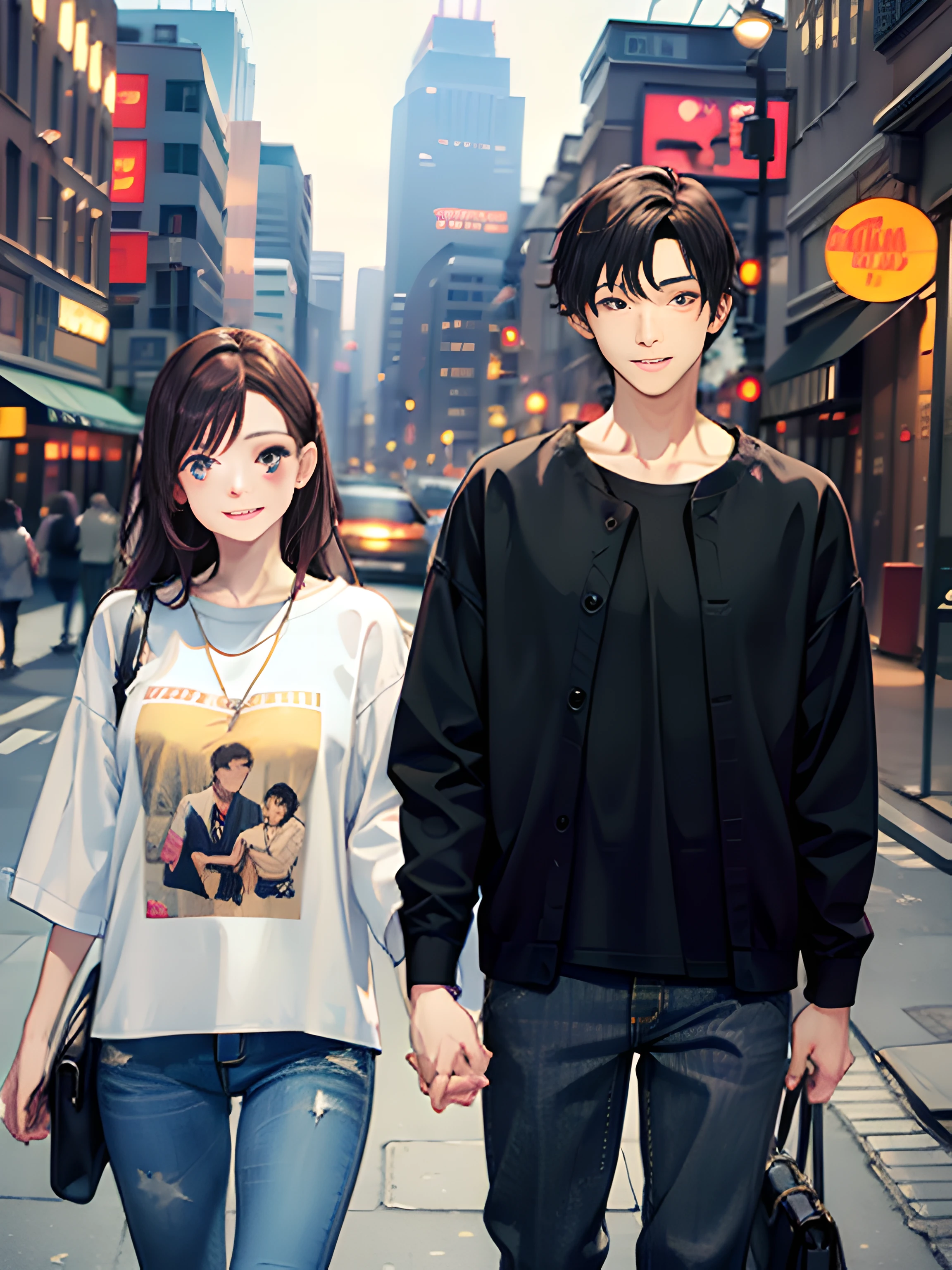 masterpiece, best quality, 2others, couple, 1man with 1woman, mature, adult, Height difference, different fashion, different color, finely detailed eyes and detailed face, intricate details, casual clothes, oversized shirt, modern urban street, holding hands, smile, happy, love