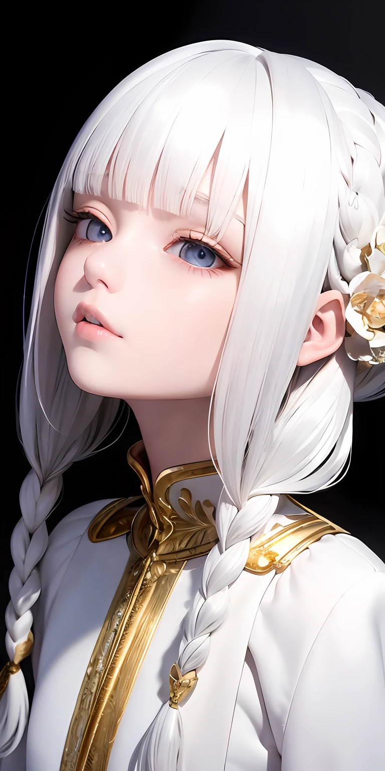 best quality, masterpiece,white hair, gold eyes,white clothes, looking up, upper body,hair strand,Fair skin,side braids