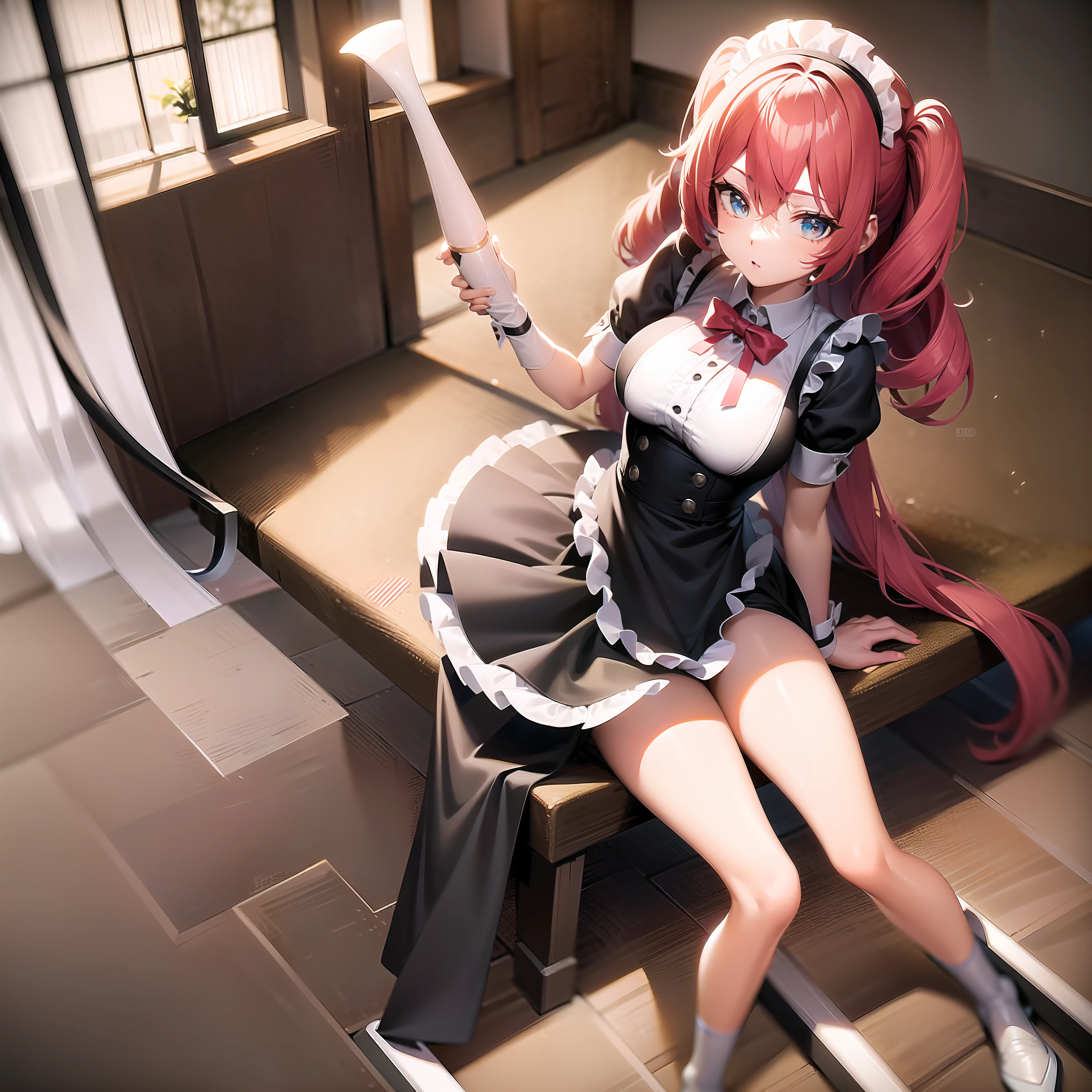 s girl,the maid outfit,dual horsetail,show legs,Ultra HD 8K,Hyper-detailing,Large breasts,solo person,vibrant with colors,perfect bodies,Two legs,Do not show your hands