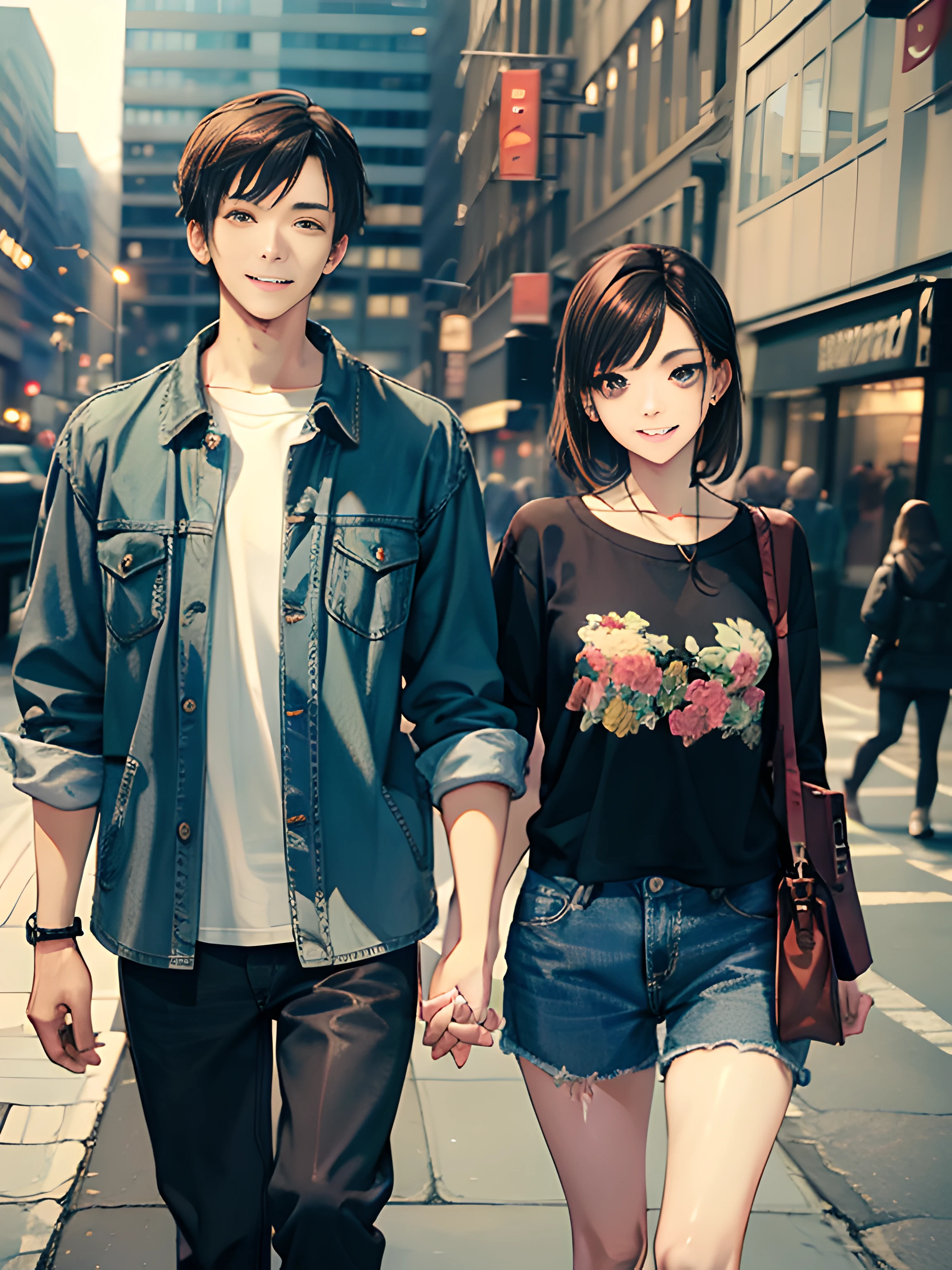 masterpiece, best quality, 2others, couple, 1man with 1woman, mature, adult, Height difference, different fashion, different color, finely detailed eyes and detailed face, intricate details, casual clothes, oversized shirt, modern urban street, holding hands, smile, happy, love