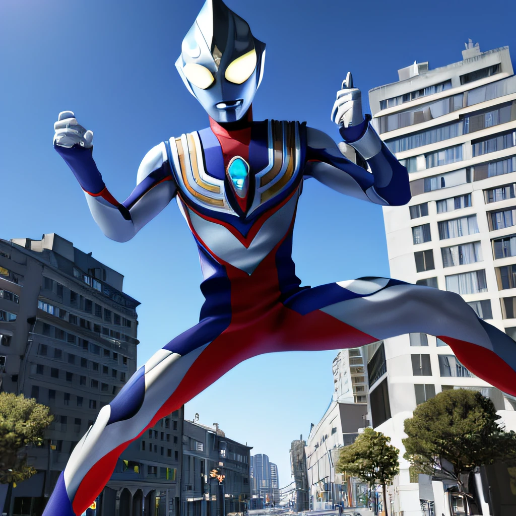 Masterpiece, best quality, 1boy, alien, male focus, solo, 1boy, tokusatsu, full body, (giant), railing, glowing eyes, glowing from below, white eyes, city, architecture, damaged buildings, tilt shift, ruins