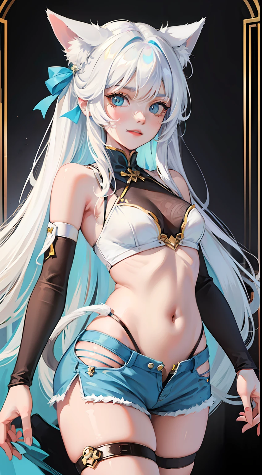 young girl, Long white hair, Cat's ears, Heterochromia, Yellow left and blue right eyes, tight turquoise top, Sleeveless, Shorts, open belly, White patterns on clothes, smirk, Daggers, Masterpiece, hiquality
