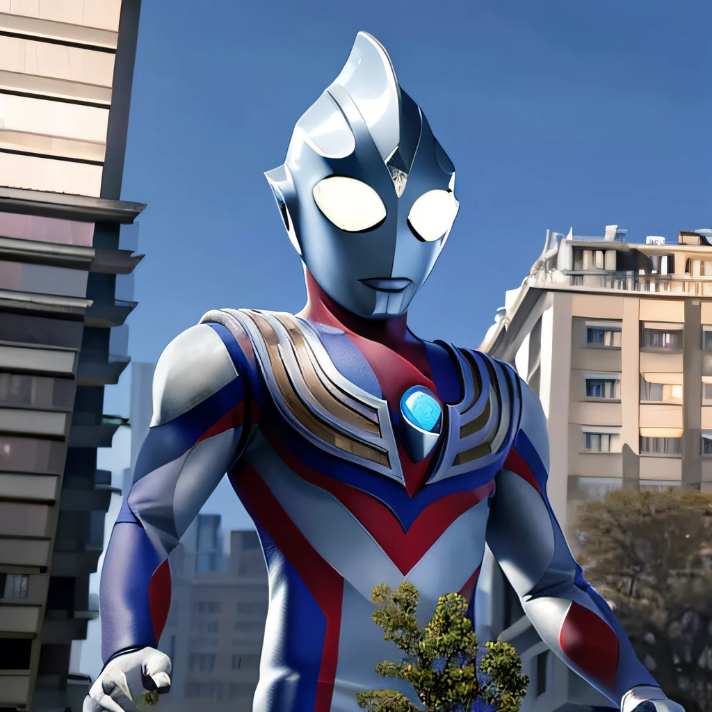 Masterpiece, best quality, 1boy, alien, male focus, solo, 1boy, tokusatsu, full body, (giant), railing, glowing eyes, glowing from below, white eyes, city, architecture, damaged buildings, tilt shift, ruins