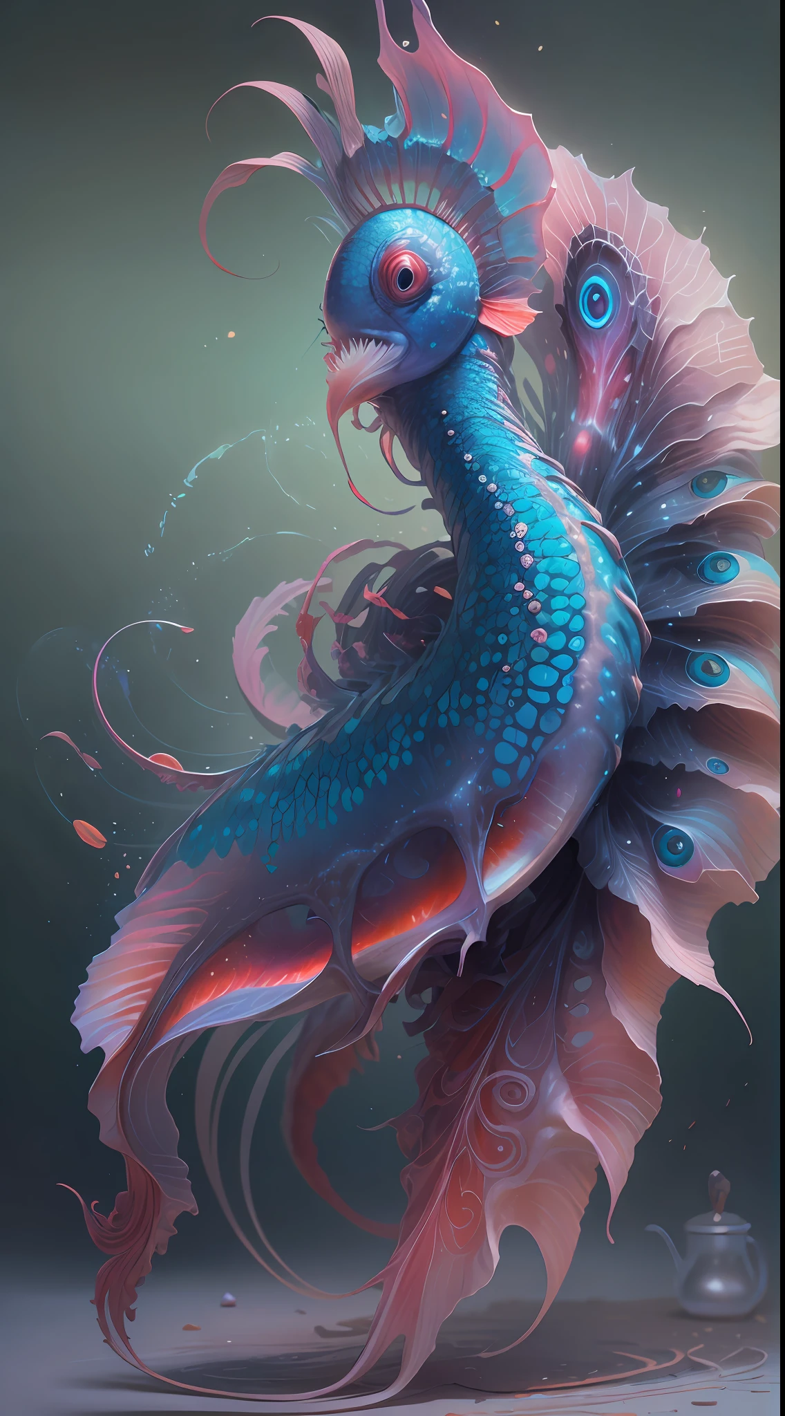 best qualtiy,tmasterpiece,超高分辨率,(photograph realistic:1.4),ultra-realistic realism,Dream-like,The beautiful blue-skinned goddess wears a phoenix peacock on her head, Nautilus, a betta fish,The creation of fantasy,Brain conch,Dream Conch,Biopunk Nautilus,Thrilling color scheme, ultra-realistic realism, abstracted, psychedelia,