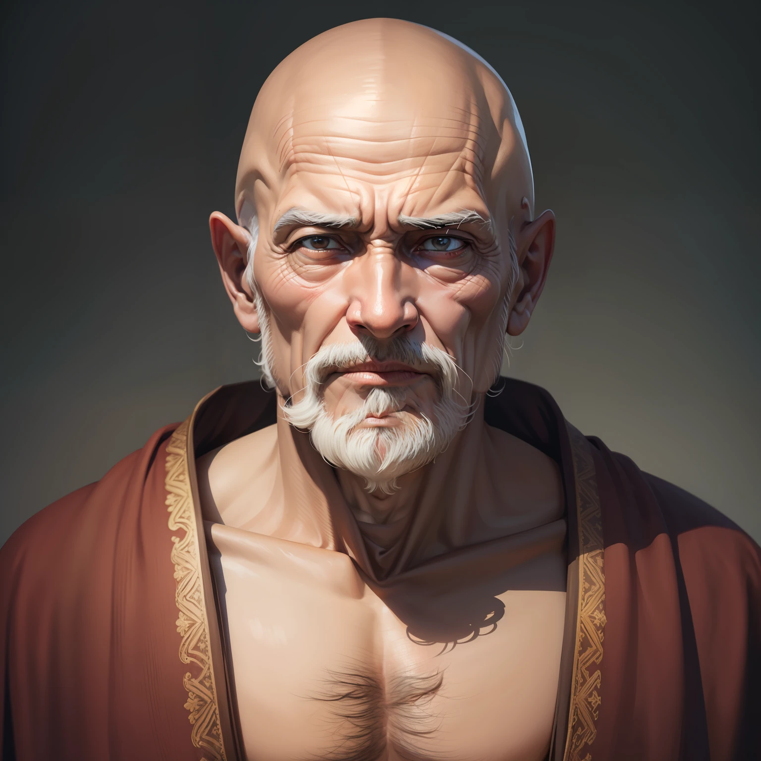 Face of wise man, very old, bald, monk, hyper realistic