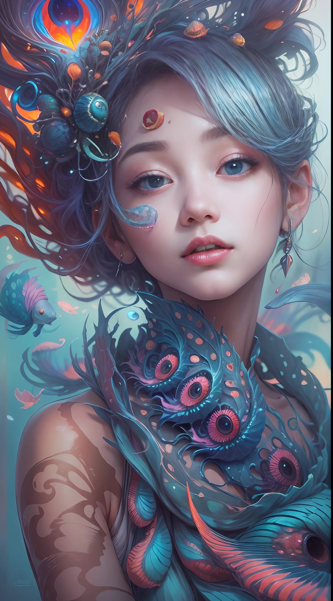 best qualtiy,tmasterpiece,超高分辨率,(photograph realistic:1.4),ultra-realistic realism,Dream-like,The beautiful blue-skinned goddess wears a phoenix peacock on her head, Nautilus, a betta fish,The creation of fantasy,Brain conch,Dream Conch,Biopunk Nautilus,Thrilling color scheme, ultra-realistic realism, abstracted, psychedelia,