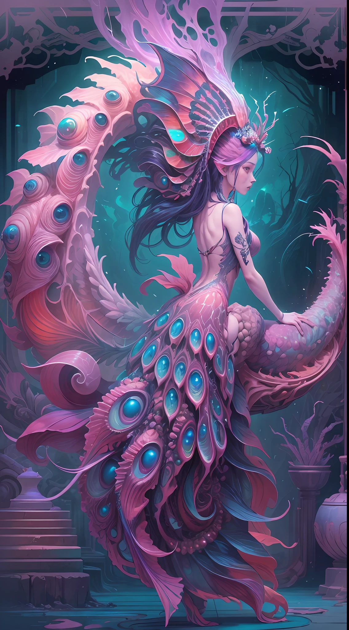 best qualtiy,tmasterpiece,超高分辨率,(photograph realistic:1.4),ultra-realistic realism,Dream-like,The beautiful blue-skinned goddess wears a phoenix peacock on her head, Nautilus, a betta fish,The creation of fantasy,Brain conch,Dream Conch,Biopunk Nautilus,Thrilling color scheme, ultra-realistic realism, abstracted, psychedelia,