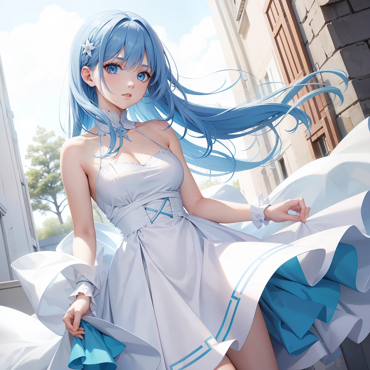 a women, blue hair, blue eyes, white dress