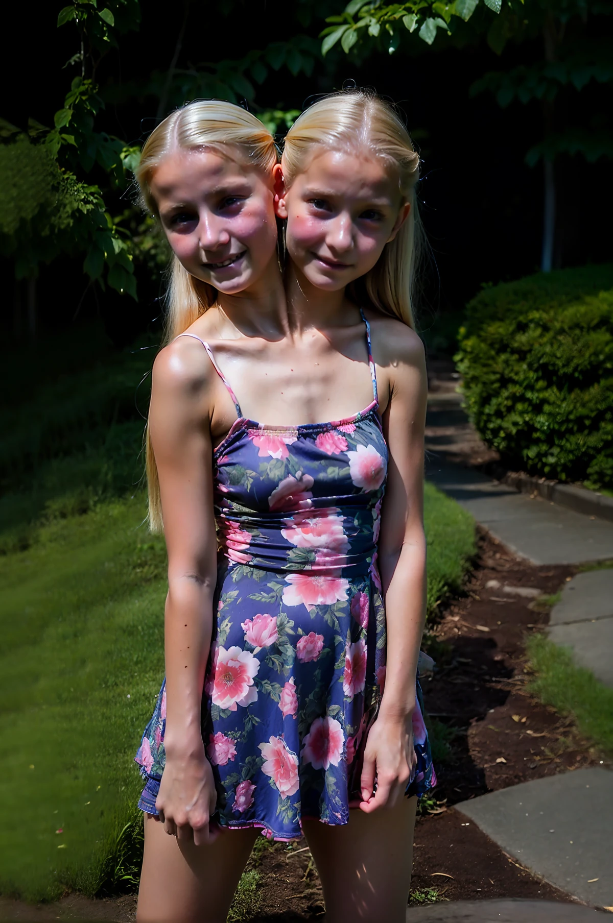 2heads, two headed girl, (12 year old girl:1.5), (female:1.5), (blonde:1.5), (two heads attached to one body:1.4), conjoined twins, heads side by side, one torso, young, uncomfortable, barefoot