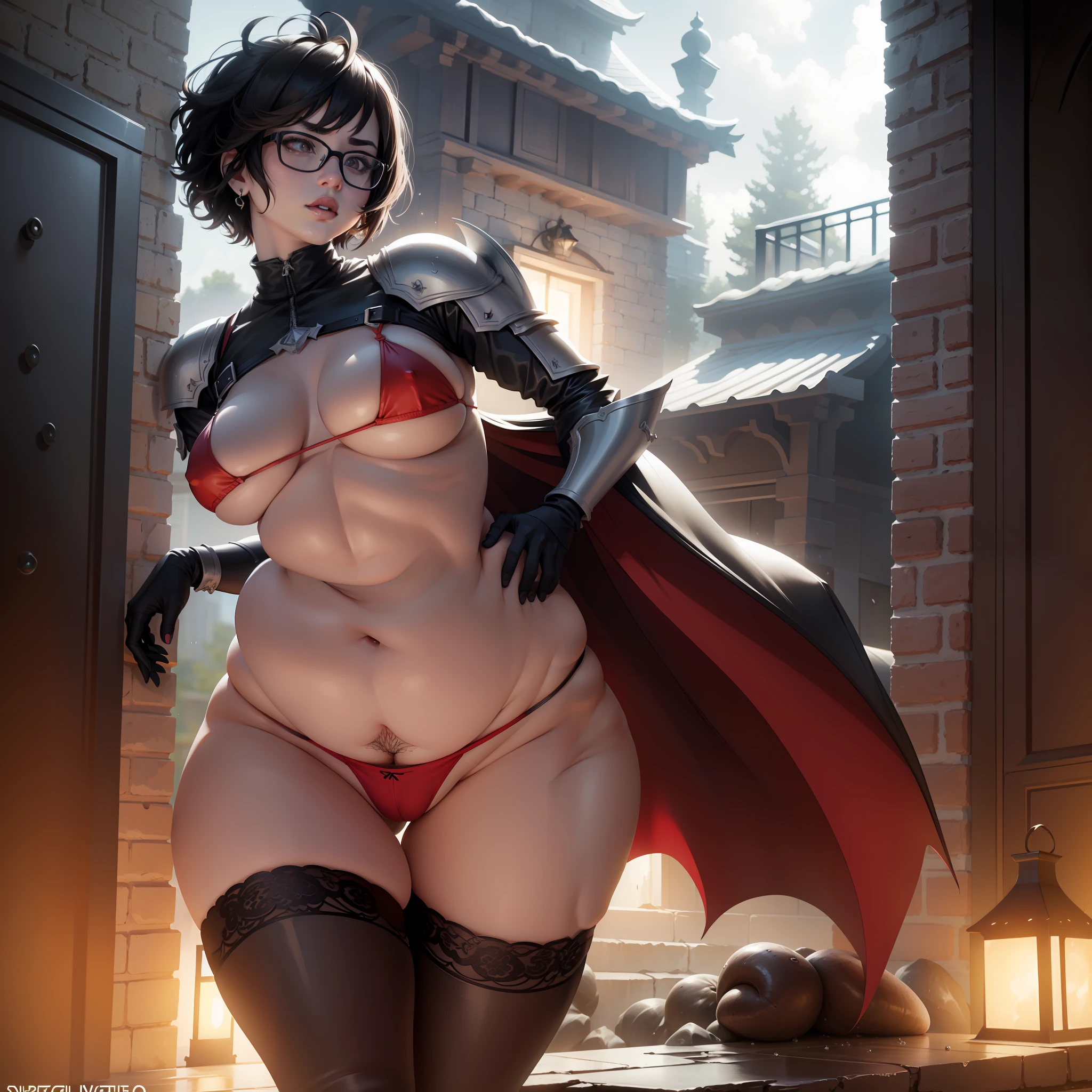 1 Bob short hairdressed girl，Short curly hair，Bad proportions，red eyes，Gorgeous red bikini armor，Milk flesh spilled from the armor，black lence stockings，bubble butt，Tearful saliva，gasps，Smell，laneway，Back alley，Sateen，Rain drops，（depth of fields，ambientlighting），atmospurate，light flare，Complicated details，enhanced lighting，Breasts are larger than the torso，，Crazy swollen breasts，Koreainsta Goddess，Realistic fantasy rendering，photorealistic anime girl rendering，Faraway view，（full-body portraits：1.4），（：1.4），（Exaggerated body proportions），（Nine-headed body），a plump buttocks，slender leg，Thick thighs， camel-toe， Lift， rendering by octane， （Unbeatable masterpiece， ultra realistic 8k cg， dramatics， Ray traching， hdr：1.2）， （best qualtiy）， fanciful， atmospurate， extremely detaile， iintricate， Hyper-detailing， glaring lights， （mirror lighting： 1.4）， （photorealiscic face： 1.2）， （dent in the skin： 1.3）， （1 rapariga： 1.4）