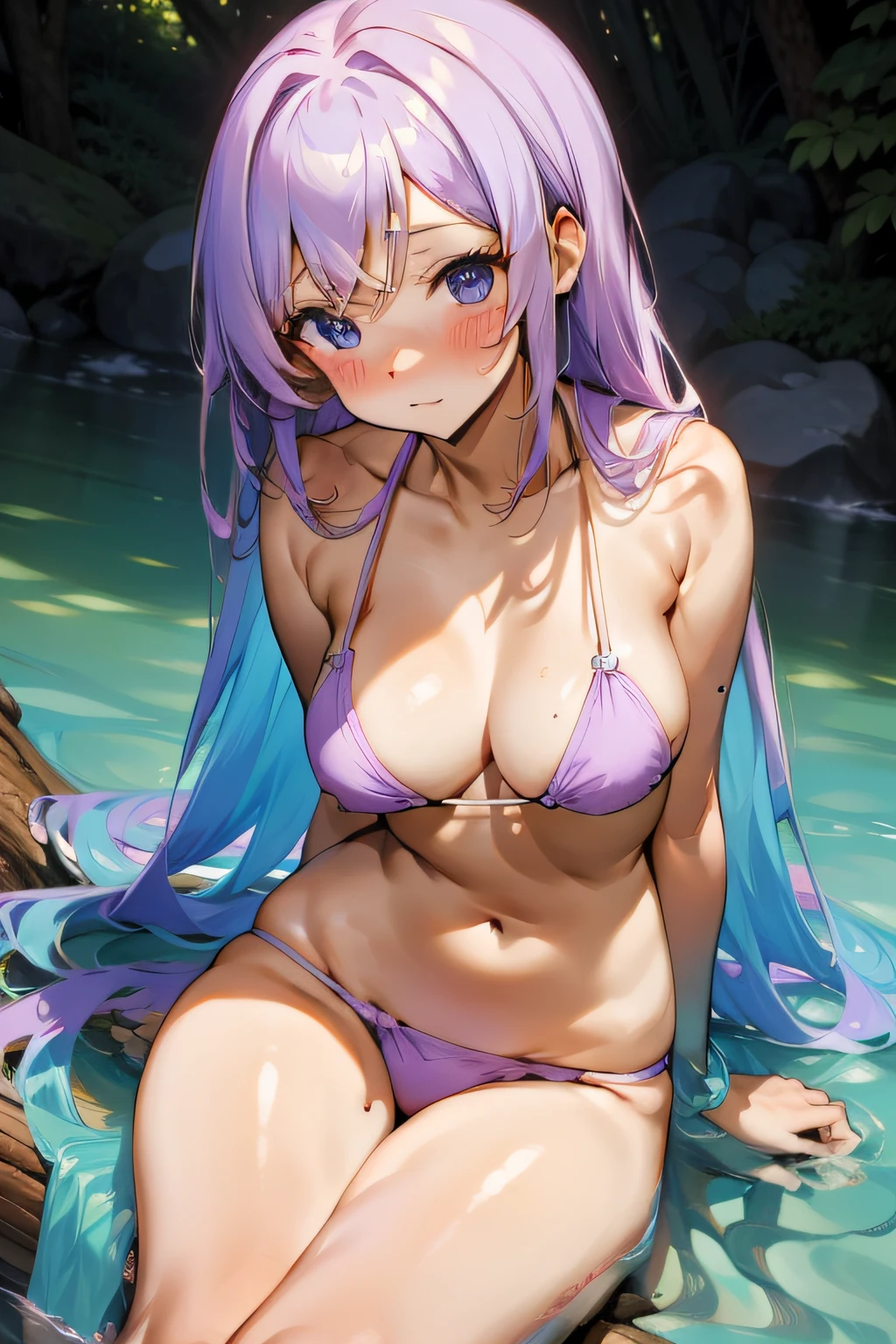 emma sitting on a log in the forest, showing off her tits in a bikini