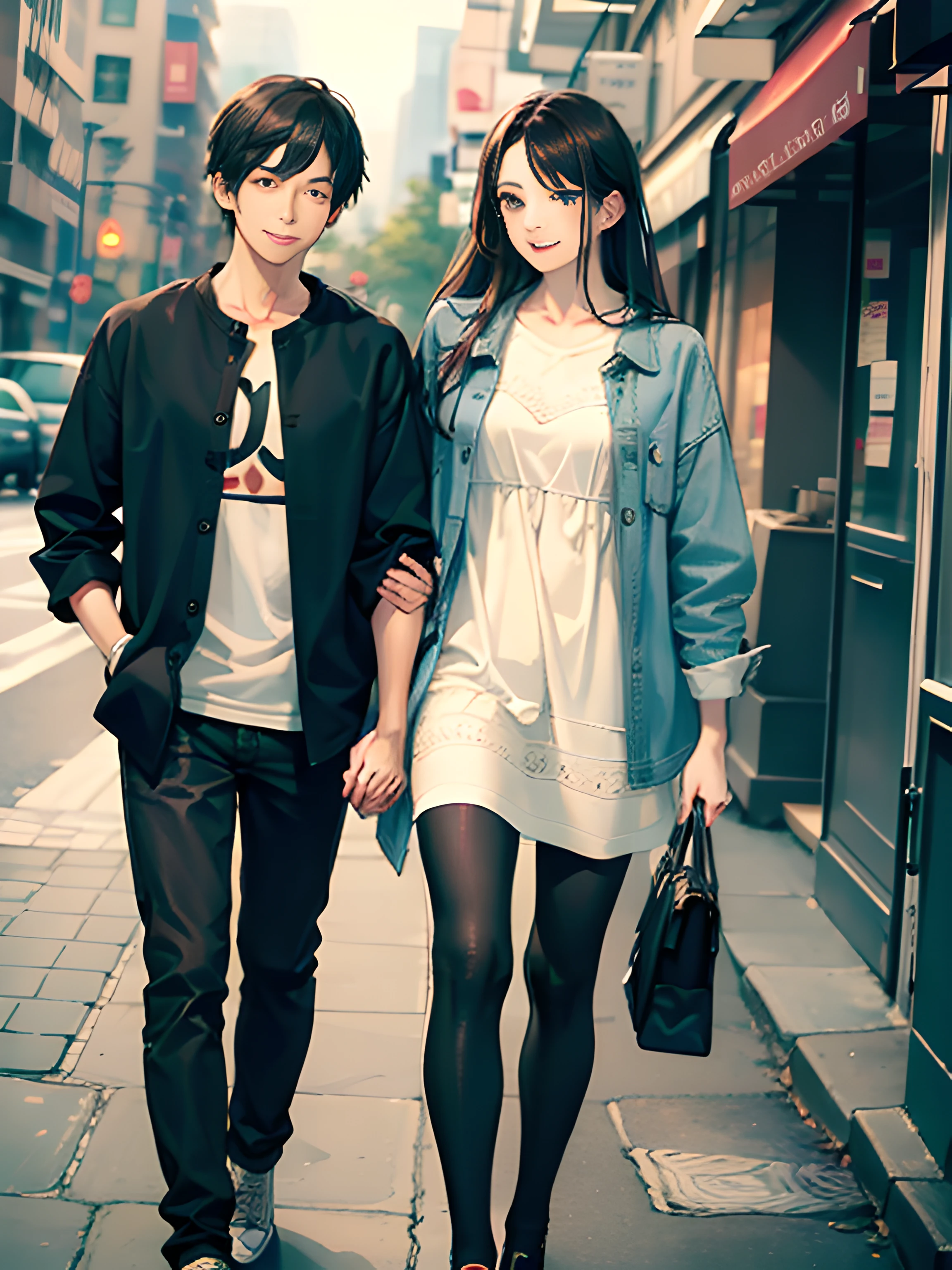 masterpiece, best quality, 2others, couple, 1man with 1woman, mature, adult, Height difference, different fashion, different color, finely detailed eyes and detailed face, intricate details, casual clothes, oversized shirt, modern urban street, holding hands, smile, happy, love