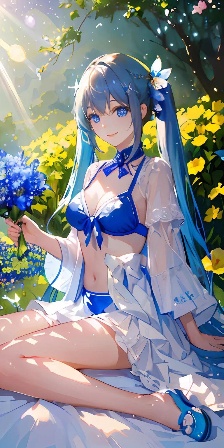 (​masterpiece)、((top-quality))、(ultra-detailliert)、((extremely delicate and beautiful))、(((incredibly absurdness)))、((perfect bodies)))、1girl in、独奏、Light blue hair、blue eyess、{{{maternal}}}、Medium chest、long hair with twin tails、A smile、Blue Bikini、mare+Background with、Sun flower、dynamic ungle、female focus on、{Particles of light}、In-depth background、((paul hedley)))、Soft lighting、starrysky、full body Esbian、