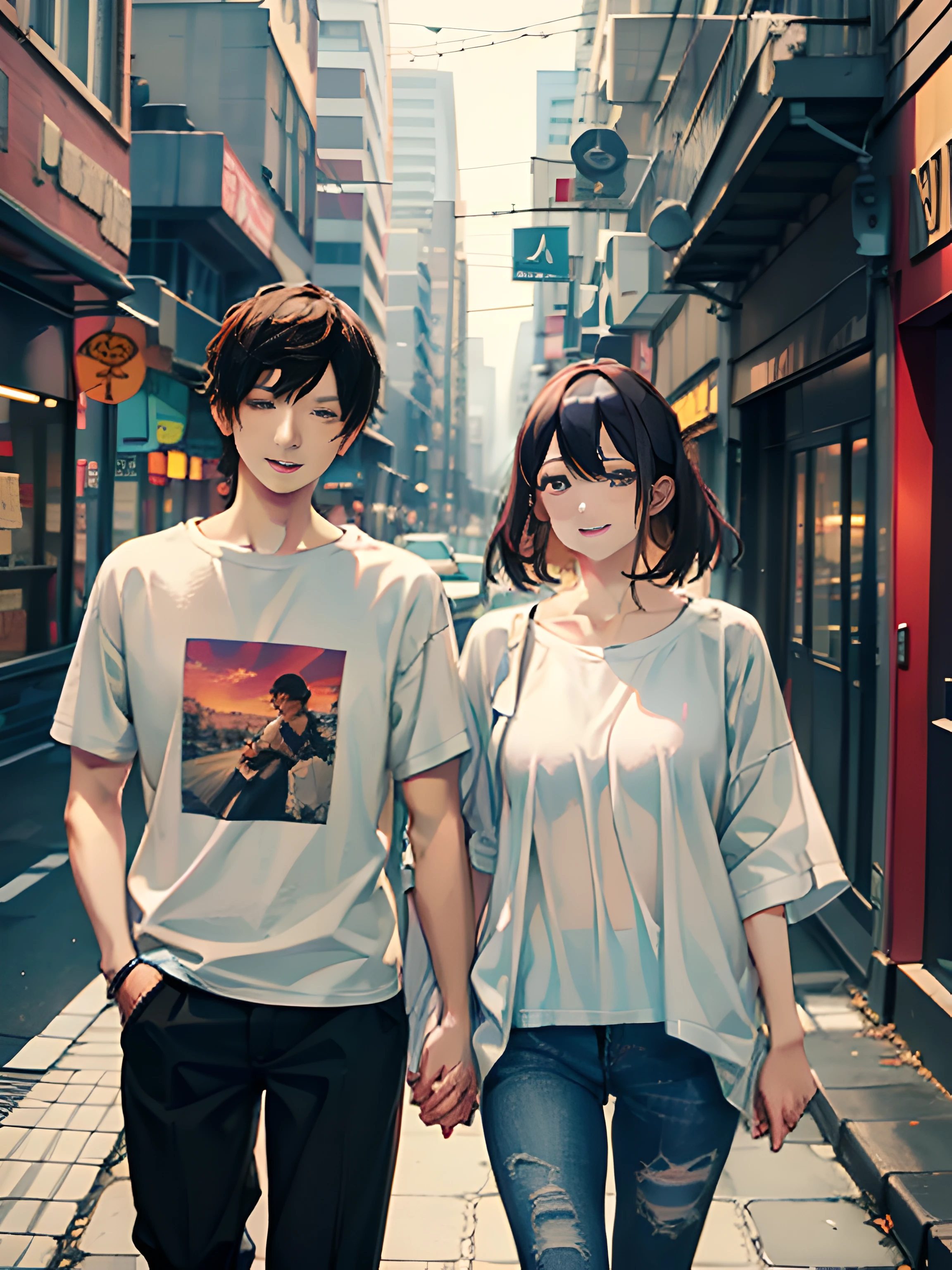 masterpiece, best quality, 2others, couple, 1man with 1woman, mature, adult, Height difference, different fashion, different color, finely detailed eyes and detailed face, intricate details, casual clothes, oversized shirt, modern urban street, holding hands, smile, happy, love