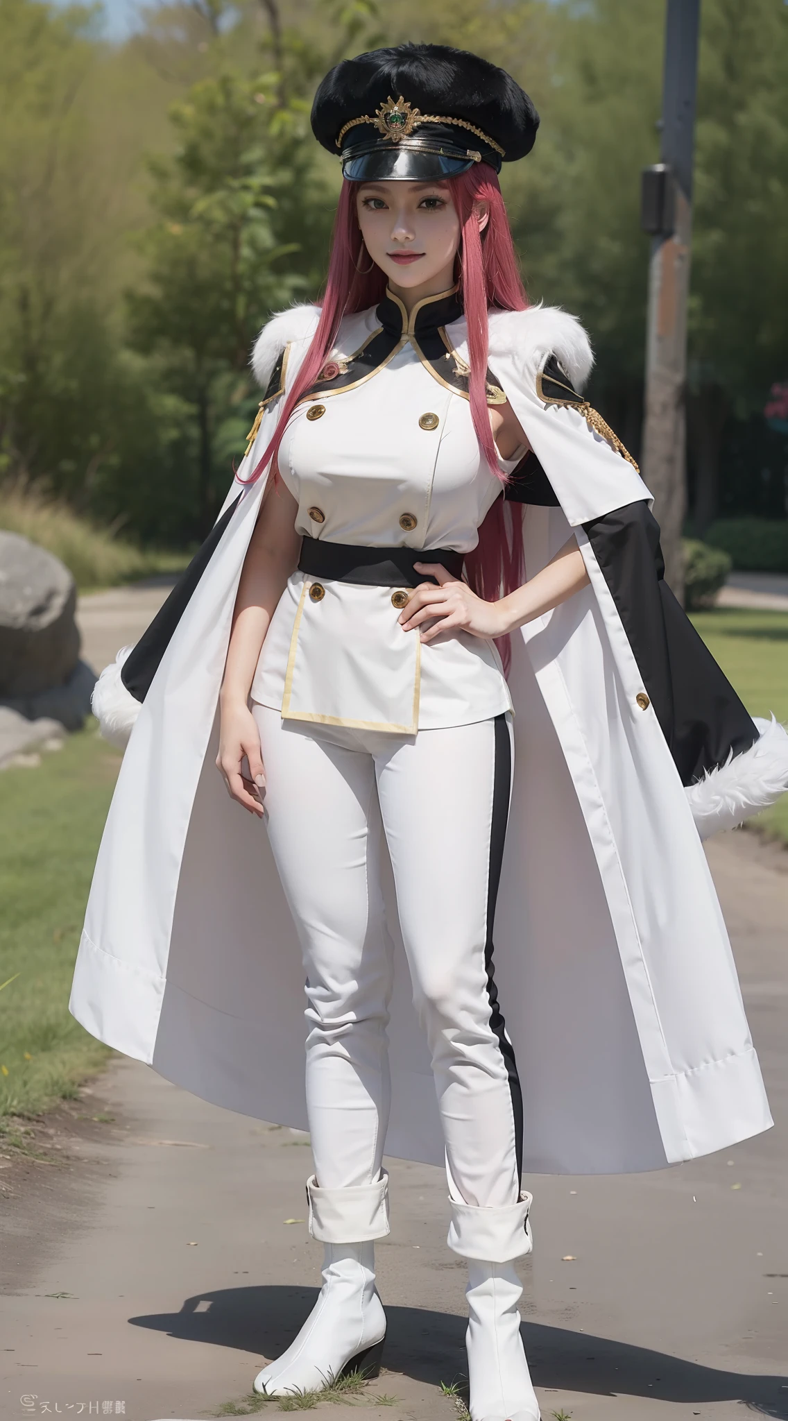 princia from anime black clover, red-pink hair, long hair, bangs, wearing a hat, beautiful, beautiful girl, perfect body, medium-breasted, slightly smiling, looking at the viewer, standing, full body, white uniform with green stripe, wearing a robe black fur on the shoulders, white pants.