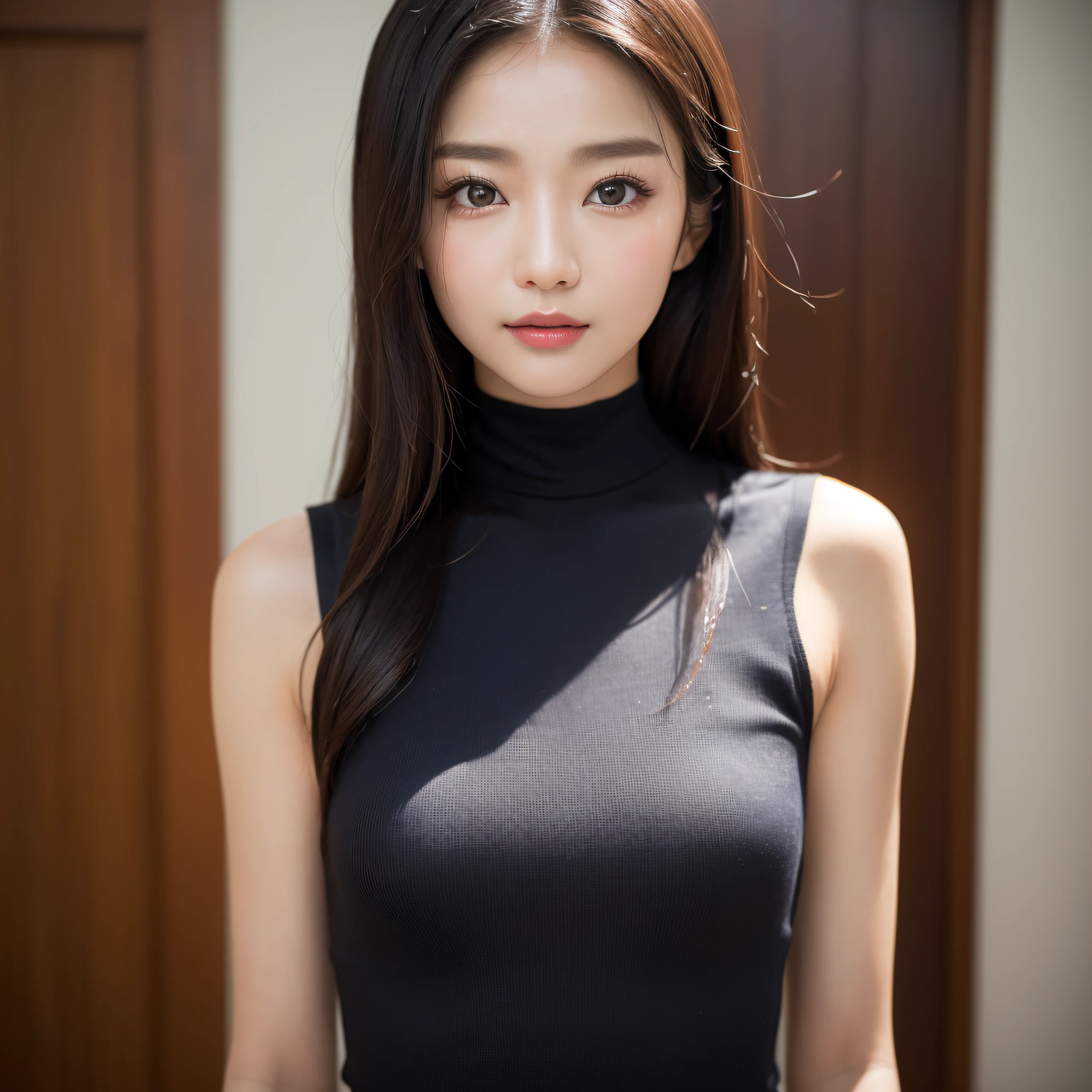 ((best qualtiy、8k masterpieces:1.3))、foco nítido:1.2、(ultra beautiful faces:1.0)、(shinny skin:1.0)、photos realistic、A dark-haired、Video Lighting、High-definition eyes and face、Video Lighting、(Korean Cute Actress)、from the front side、medium breasts、ssmile、Sleeveless、Slender Abs Beauty、Whole body、swim wears