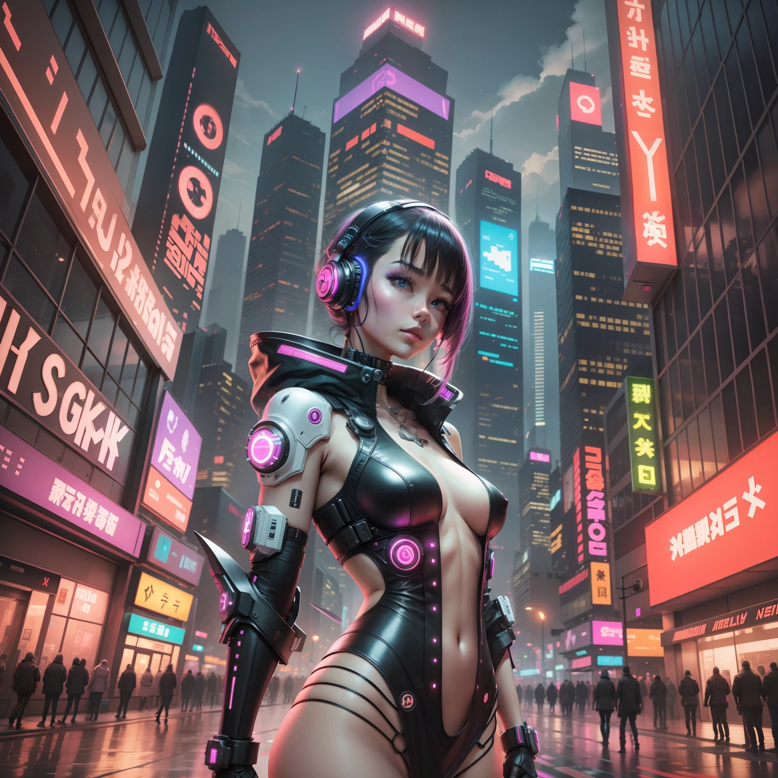 Cyberpunk AI Neon Fashion、nigh sky　skyscraper