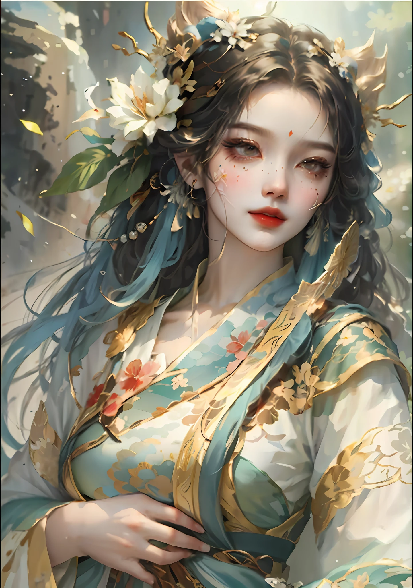 Close up of a woman in a blue dress and flowers, style of wlop, Inspired by Lan Ying, Extremely detailed Artgerm, art-style, Beautiful character painting, Flowing hem，China-style，Chinese-style clothing，Exquisite headdress，Refinement，Fine painting，Refinement，infinite details，high definition detail，Patterned，Pattern，Blank background，Bright colors，Metal edging