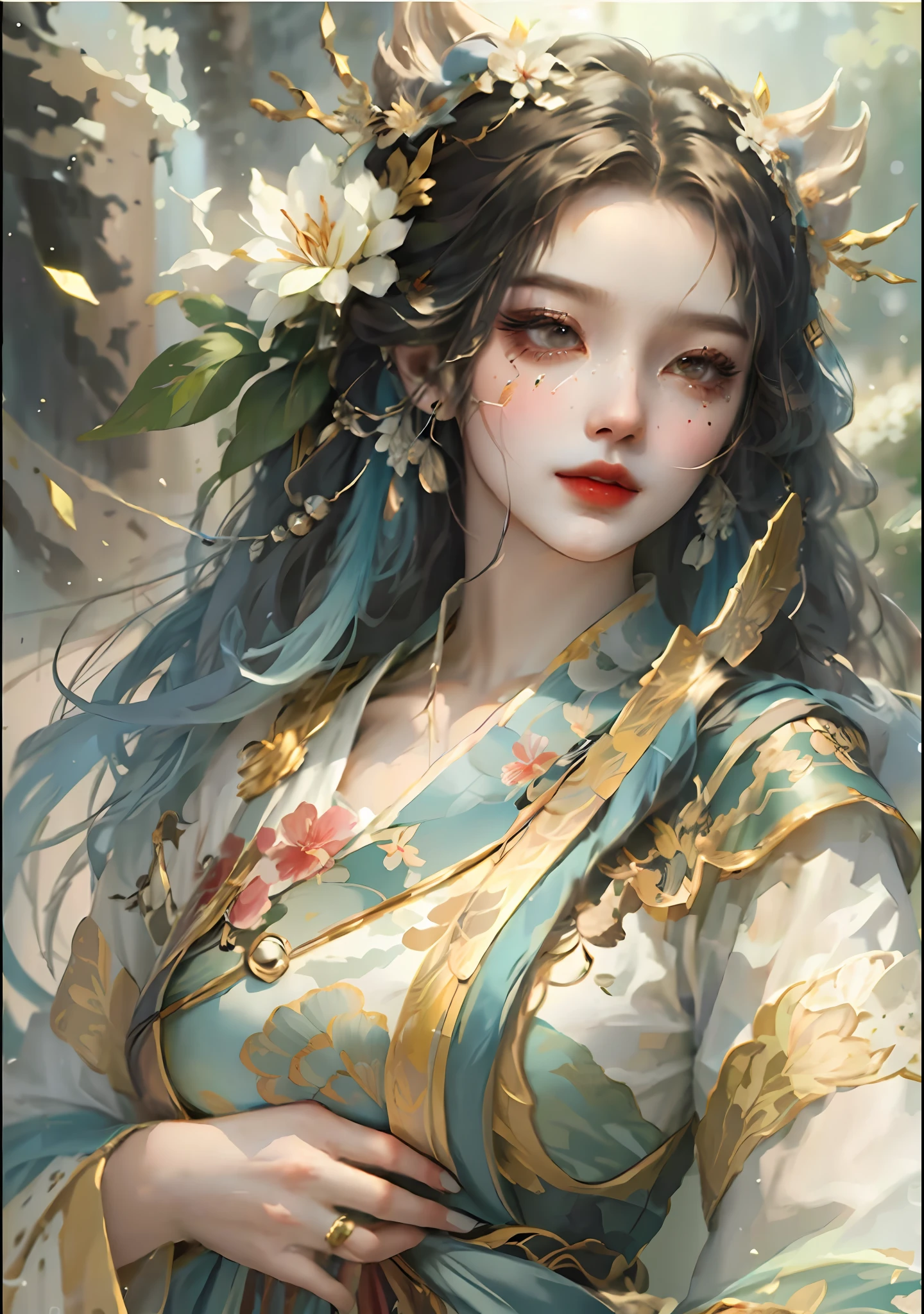 Close up of a woman in a blue dress and flowers, style of wlop, Inspired by Lan Ying, Extremely detailed Artgerm, art-style, Beautiful character painting, Flowing hem，China-style，Chinese-style clothing，Exquisite headdress，Refinement，Fine painting，Refinement，infinite details，high definition detail，Patterned，Pattern，Blank background，Bright colors，Metal edging