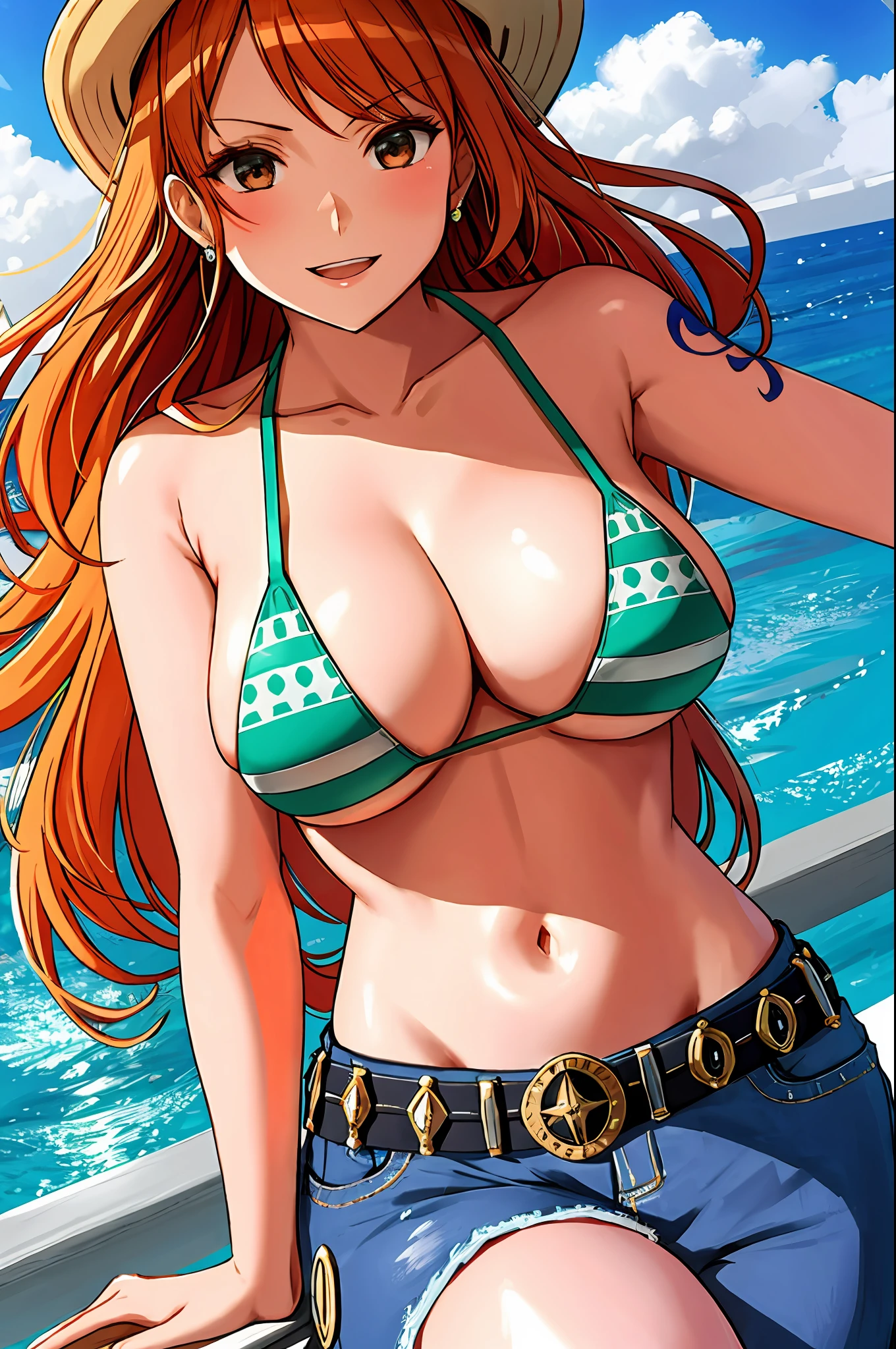 detailed background, masterpiece, 4k, epic, best quality, cheerful, late youth, adult, milf, athlete body, 1girl, active, energic, ((wide open mouth, folded legs, smile, lying on the ground, fully lying down, open eyes, hands spread sideway, jumping)) , solo, nami \(one piece\), 1girl, bangle, (very missy hair, tired, open mouth, feeling hot, tilting head, both hands spreadeagled, serious, hurt, glaring, open eyes, looking up, perfect detailed face, detailed round face) bold drawing lines, muscular arms, detailed bold body lines, flat jaw, adult woman, (wavy wide streaked bangs, floating bang, long left bangs ) (big cheeks), bare shoulders, off-shoulders, belt, bikini, bikini top only, blue sky, bracelet, springy breasts, breast lines, big round eyes, very big brown shiny eyes, bubbles, high eye position, cleavage, cloud, day, denim, earrings, floating hair, wavy hair, shiny hair, green belt, green bikini, bold groin lines, ((straw hat)), long jeans, jewelry, medium breasts, log pose, long hair, looking at viewer, long navel, wet hair, orange hair, pants, shoulder tattoo, sidelocks, sky, solo, stomach, swimsuit, tattoo, detailed left arm, big forehead, hourglass figure, small head, toned body, wide hair, wind effect, sun effect, under the sun, narrow small ears angle, older, straight shot, water splashes