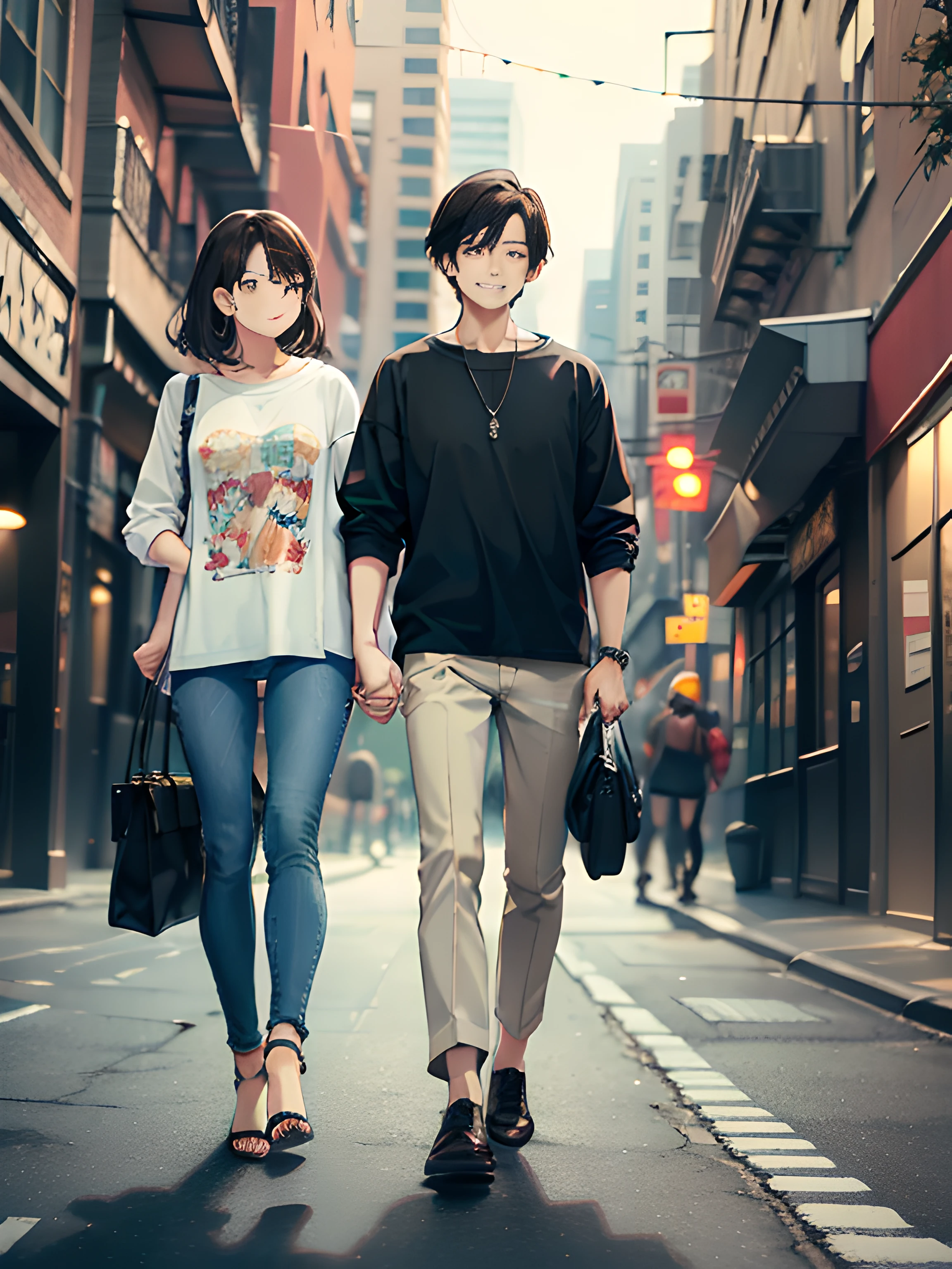 masterpiece, best quality, 2others, couple, 1man with 1woman, mature, adult, Height difference, different fashion, different color, finely detailed eyes and detailed face, intricate details, casual clothes, oversized shirt, modern urban street, holding hands, smile, happy, love