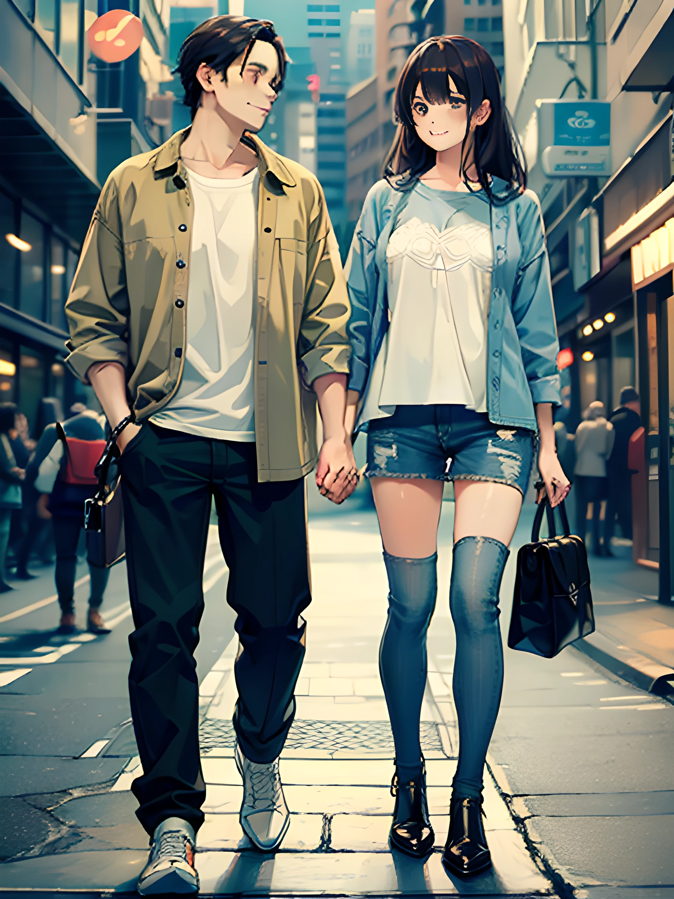 masterpiece, best quality, 2others, couple, 1man with 1woman, mature, adult, Height difference, different fashion, different color, finely detailed eyes and detailed face, intricate details, casual clothes, oversized shirt, modern urban street, holding hands, smile, happy, love