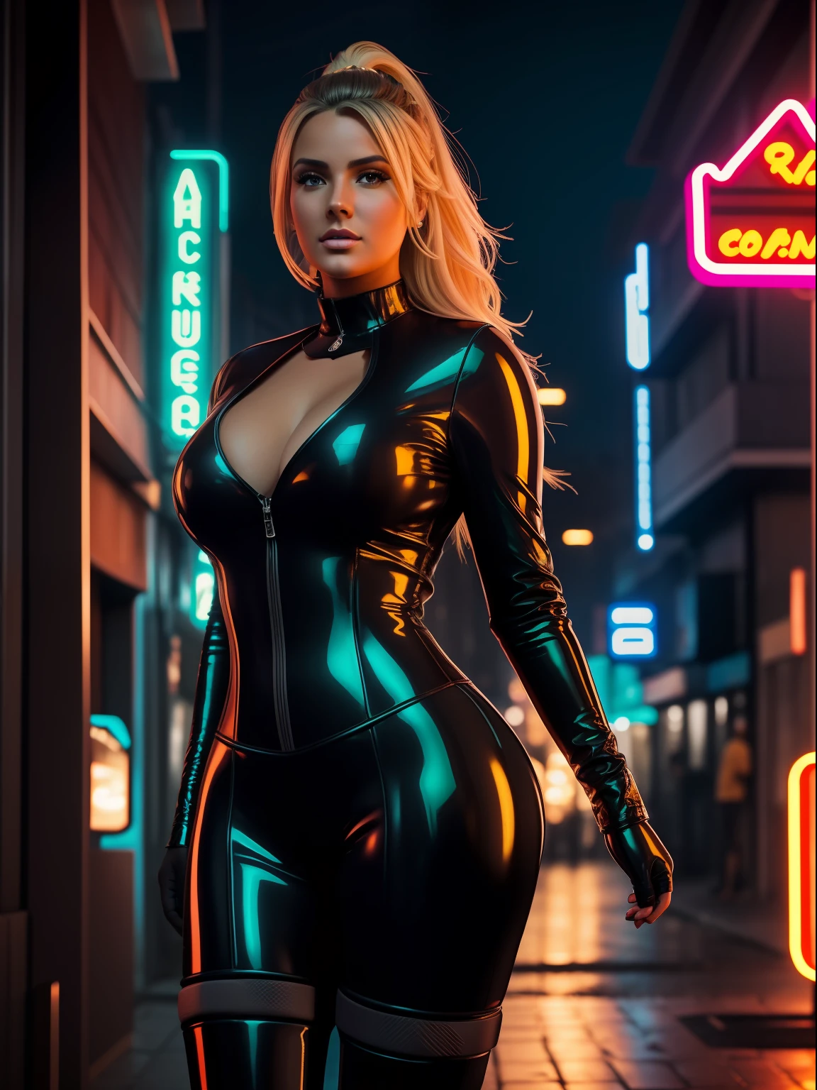 A beautiful curvy girl, blonde hair, decote, roupa de latex, in a street bustling with neon signs, Cyberpunk aesthetics, cor profunda, intrincado, 8K resolution concept art, natural lighting, beautiful composition, foco nítido, Studio photo, detalhes intrincados, altamente detalhado, profundidade de campo, foco nítido, High detail, textura de pele realista, Realistic, fotorrealista, Arte Digital, tinta escura