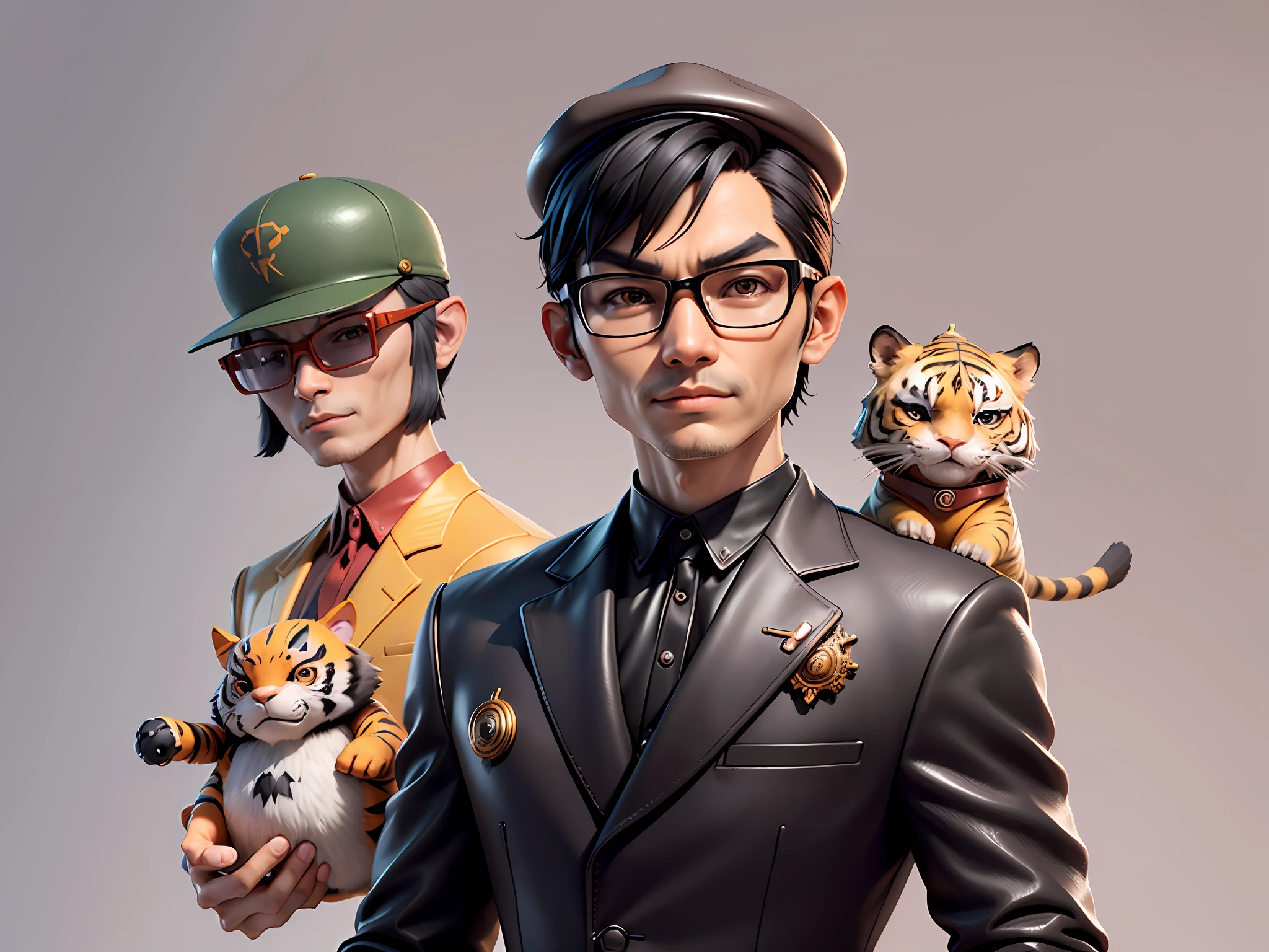 Young man with oriental face in leather hat, tiger, oriental face in formal suit, short black hair, silver glasses, digital painting, 3D character design by Mark Clairedon and Pixar and Hayao Miyazaki and Akira Toriyama, the illustration is a high-definition illustration in 4K resolution with very detailed facial features and cartoon-style visuals.