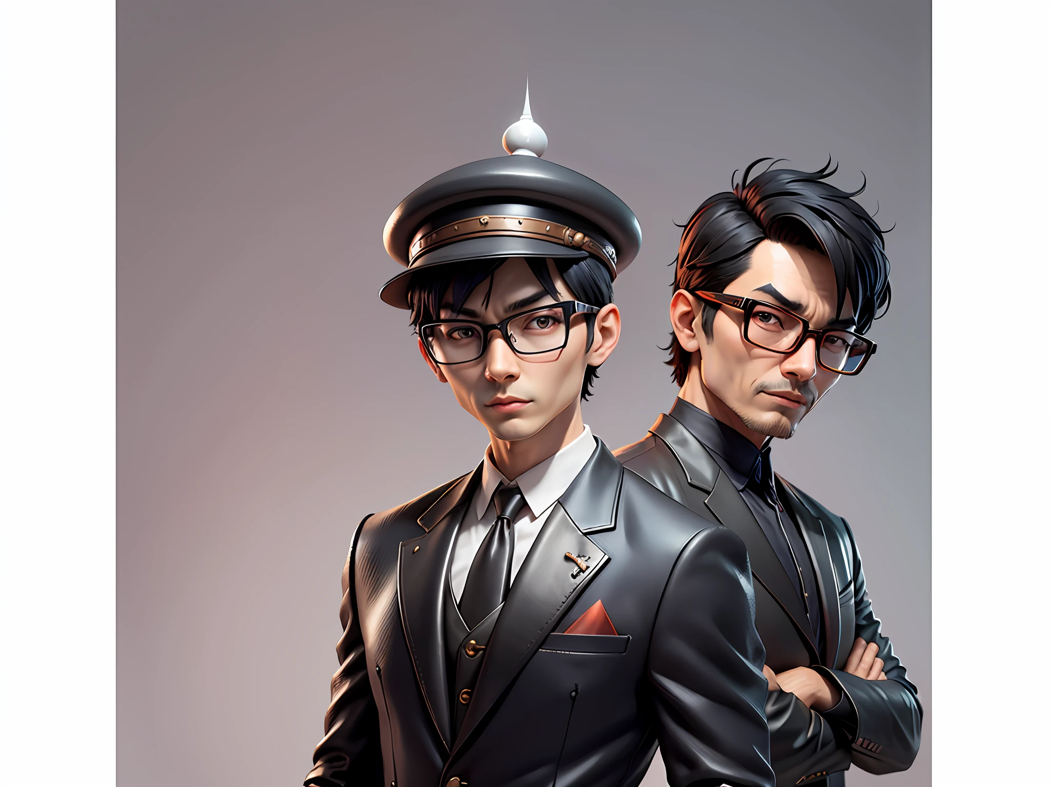 Young man with oriental face in leather hat, tiger, oriental face in formal suit, short black hair, silver glasses, digital painting, 3D character design by Mark Clairedon and Pixar and Hayao Miyazaki and Akira Toriyama, the illustration is a high-definition illustration in 4K resolution with very detailed facial features and cartoon-style visuals.