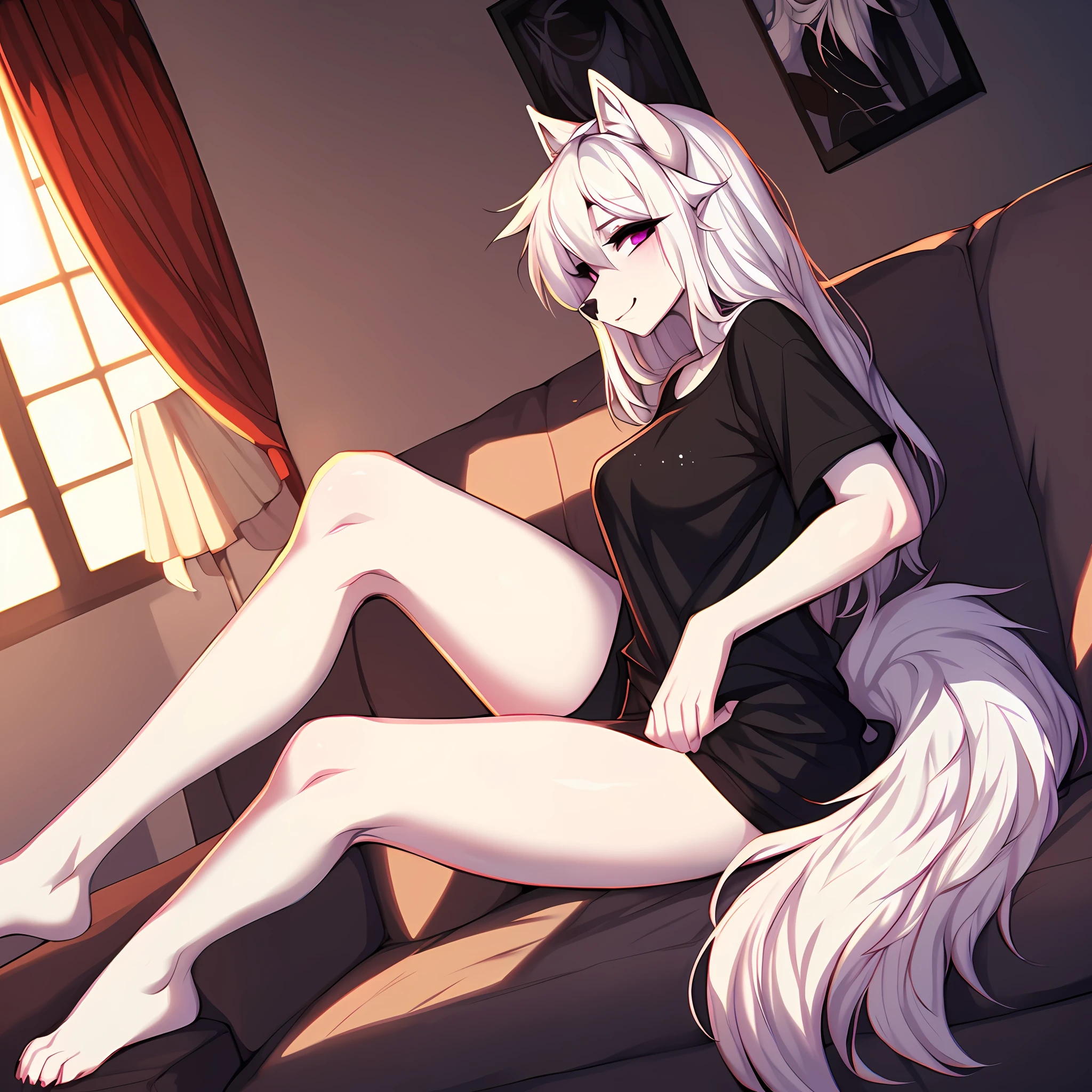 (By hyattlen, by fumiko, by claweddrip:1.3), a Cute white anthro furry wolf girl, female, white fur, white fluffy body, black nose, (cute snout:1.1), white fluffy tail, long white hair, simple solid purple eyes, black eyeliner, only wearing an oversized black shirt, extra large baggy t shirt, black panties, sitting on a couch, in a modern living room, looking down, highly detailed, masterpiece, straightened hair, slightly happy expression, full body in frame, legs crossed, side view, Dutch angle, (feet in frame:1.1), 4 toes, thick thighs