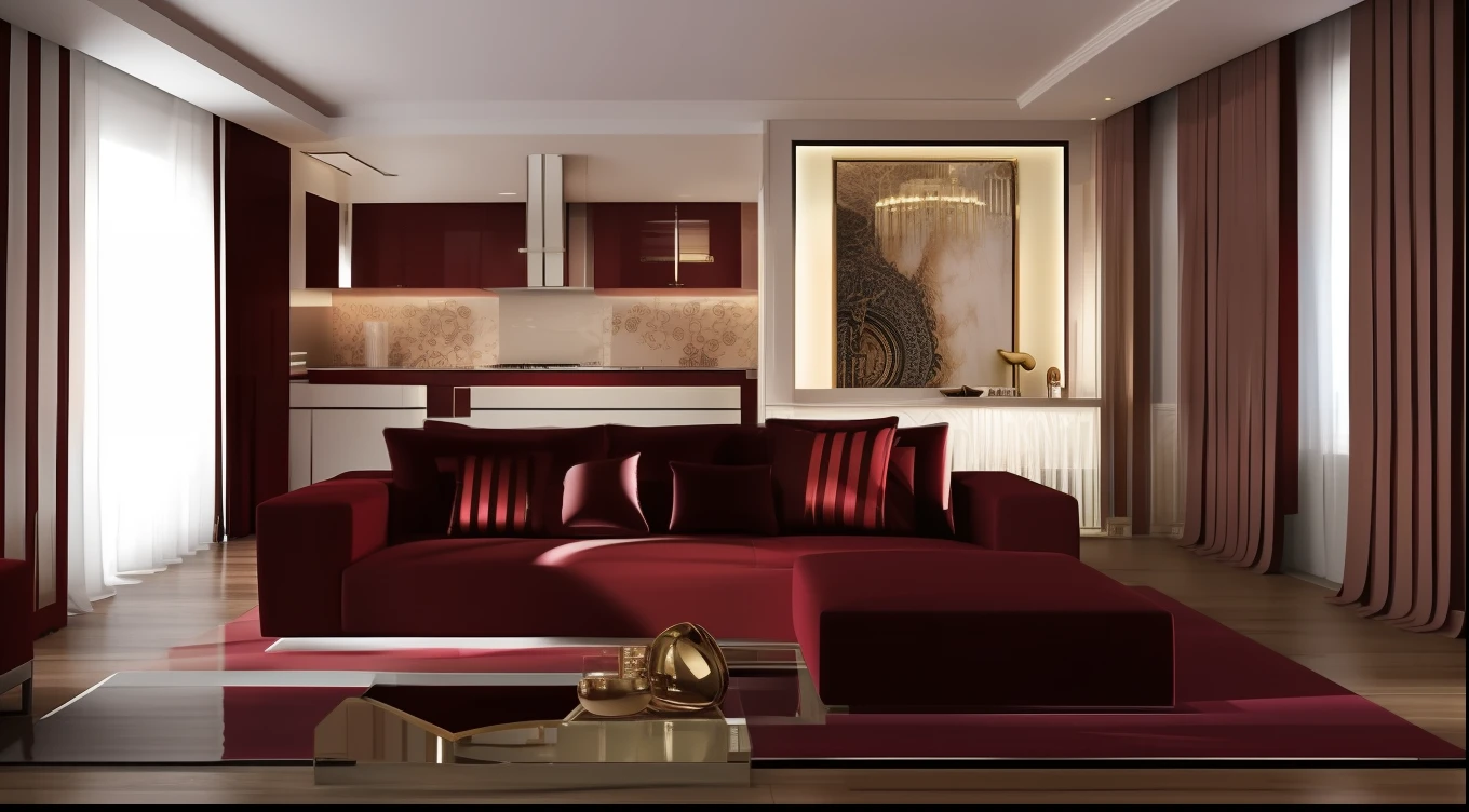 Interior design with a touch of royalty and elegance, showcasing a hero section of a website or banner, featuring the elegantly written name, hollywood inspired, modern but luxury, in maroon color