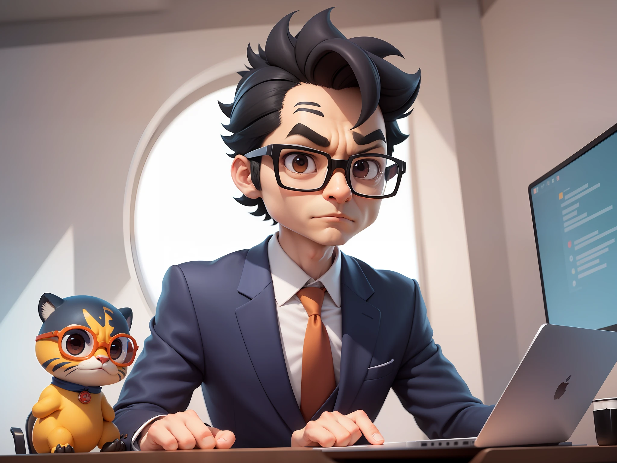 A young man in a suit, Short hair and glasses sat at his desk,holding laptop,digitial painting,tigre,3D character design by Mark Clairen and Pixar and Hayao Miyazaki and Akira Toriyama,4K HD illustration,Very detailed facial features and cartoon-style visuals。